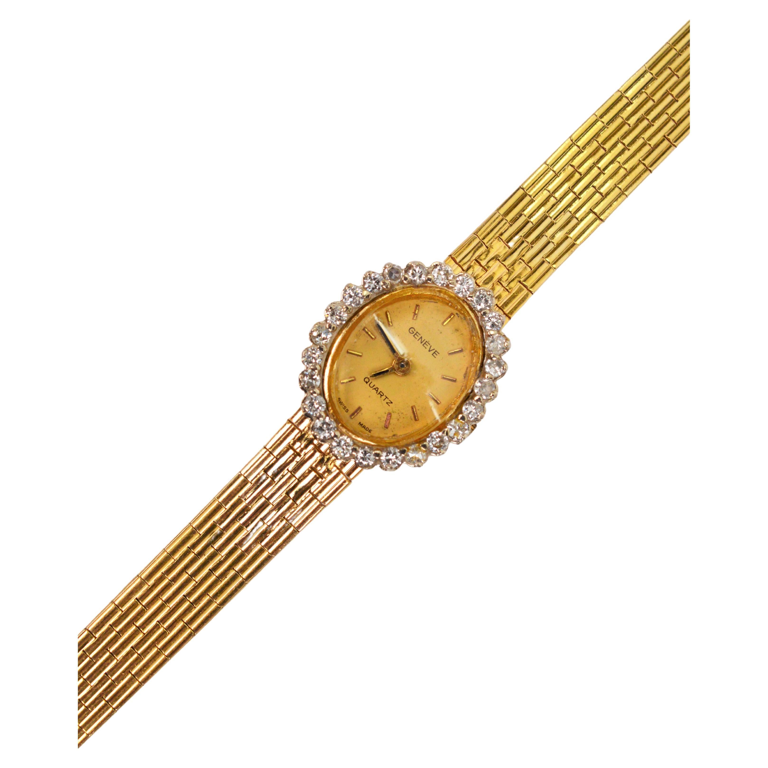 Vintage Geneve 14 Karat Yellow Gold Diamond Quartz Movement Ladies Dress Watch