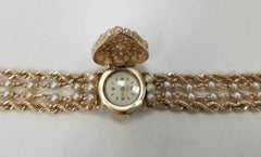 Vintage Geneve 14 Karat Yellow Pearl & Gold Rope Bracelet watch w/ hidden Watch