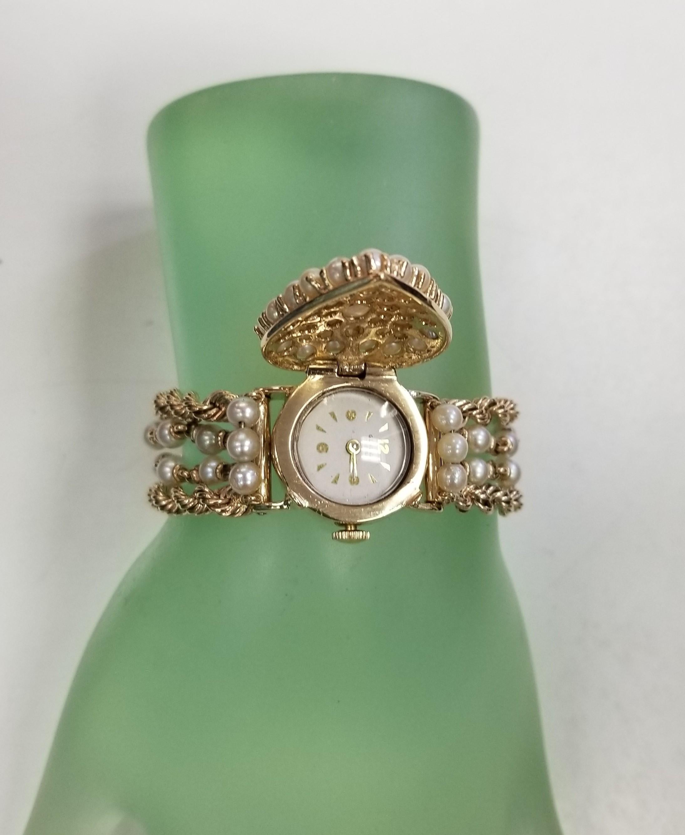 Contemporary Vintage Geneve 14 Karat Yellow Pearl & Gold Rope Bracelet watch w/ hidden Watch For Sale