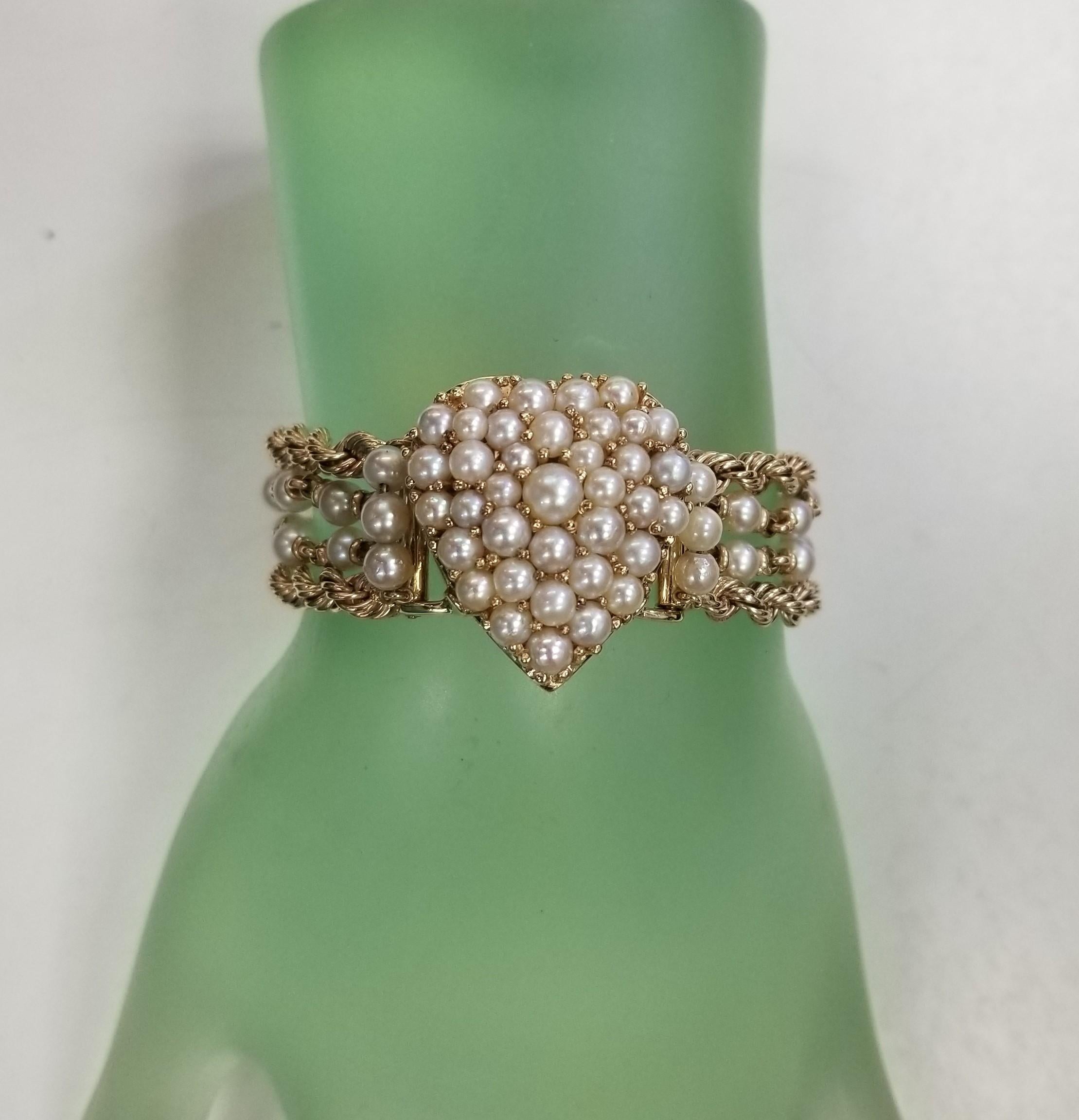 Ball Cut Vintage Geneve 14 Karat Yellow Pearl & Gold Rope Bracelet watch w/ hidden Watch For Sale