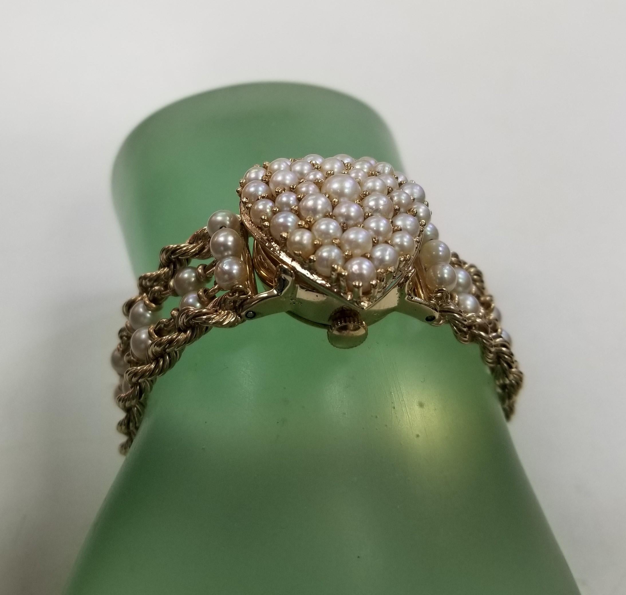 Vintage Geneve 14 Karat Yellow Pearl & Gold Rope Bracelet watch w/ hidden Watch For Sale 1