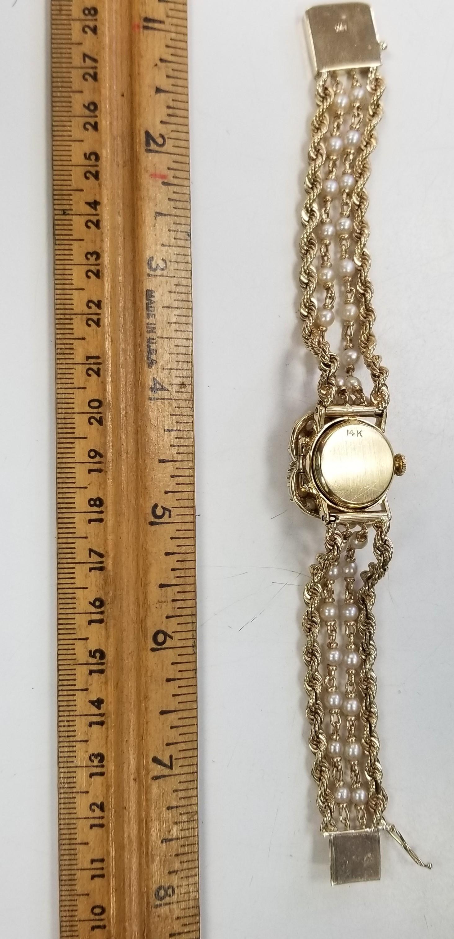 Vintage Geneve 14 Karat Gelb Perle & Gold Seil Armbanduhr w / versteckte Uhr im Angebot 2