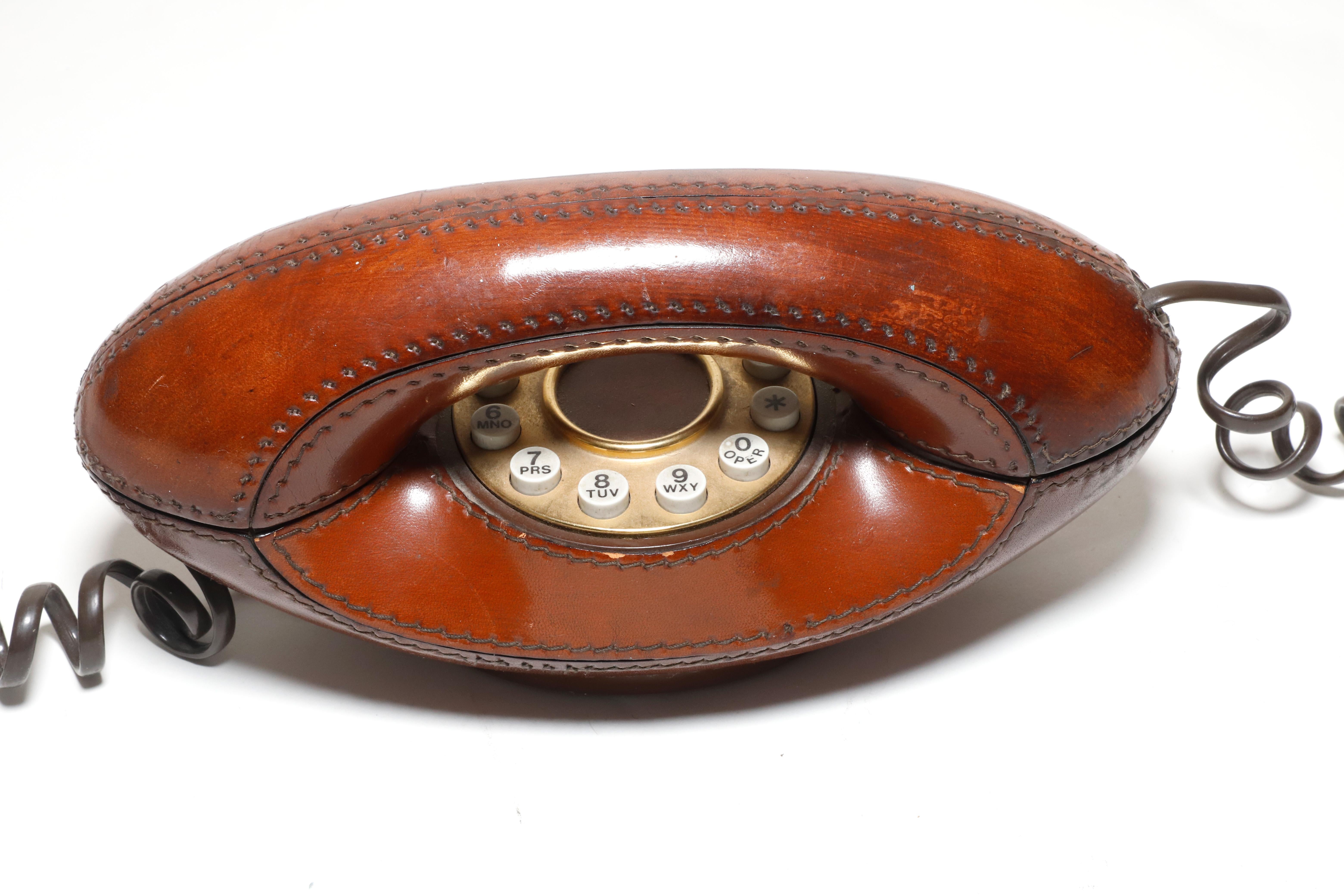 Post-Modern Vintage Genie 1970s Retro Brown Leather Push Butoon Telephone For Sale