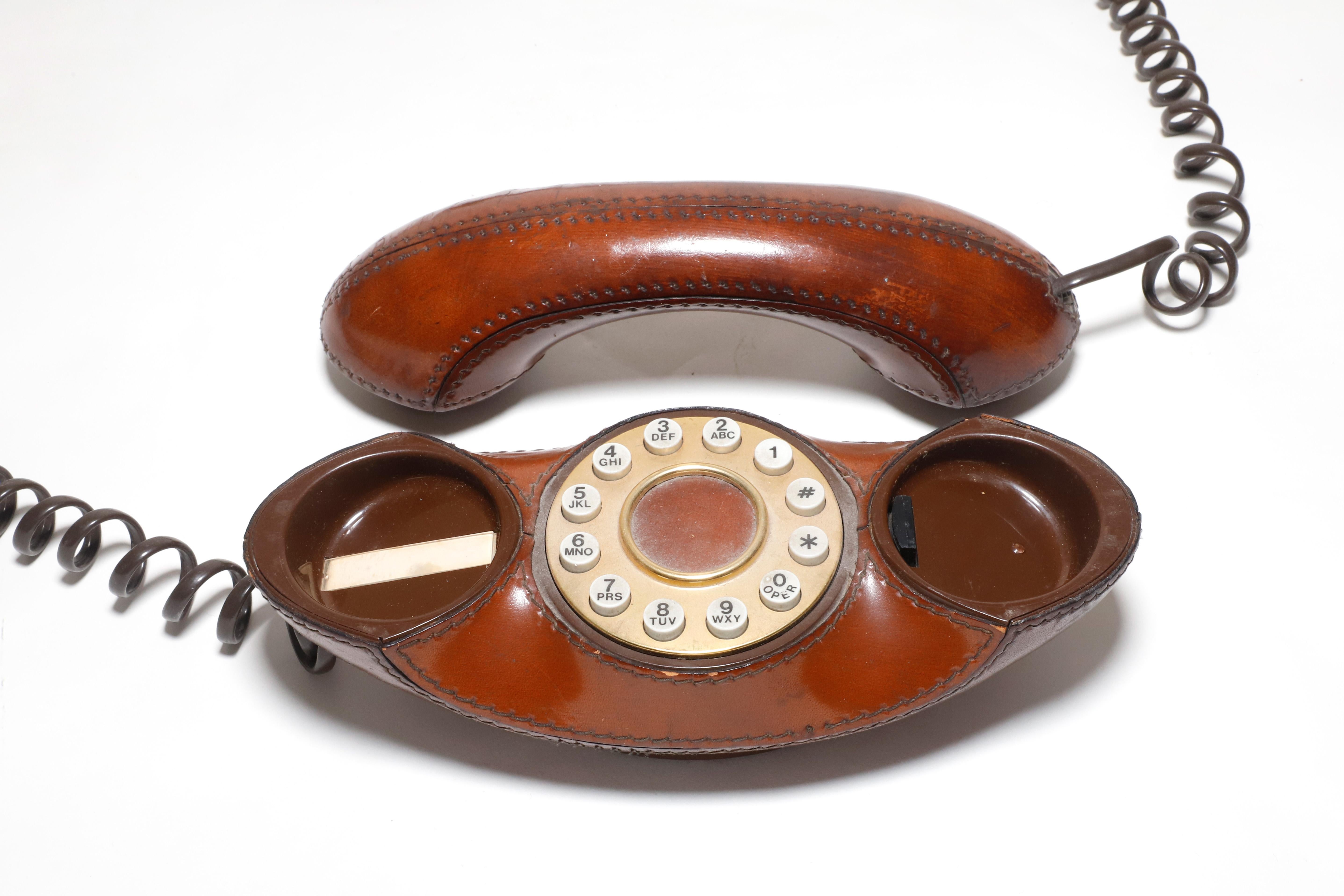 American Vintage Genie 1970s Retro Brown Leather Push Butoon Telephone For Sale