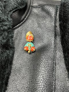 Vintage Genie Brooch With Coral Turquoise Diamond 18k Yellow Gold