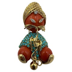 Vintage Genie Brooch With Coral Turquoise Diamond 18k Yellow Gold