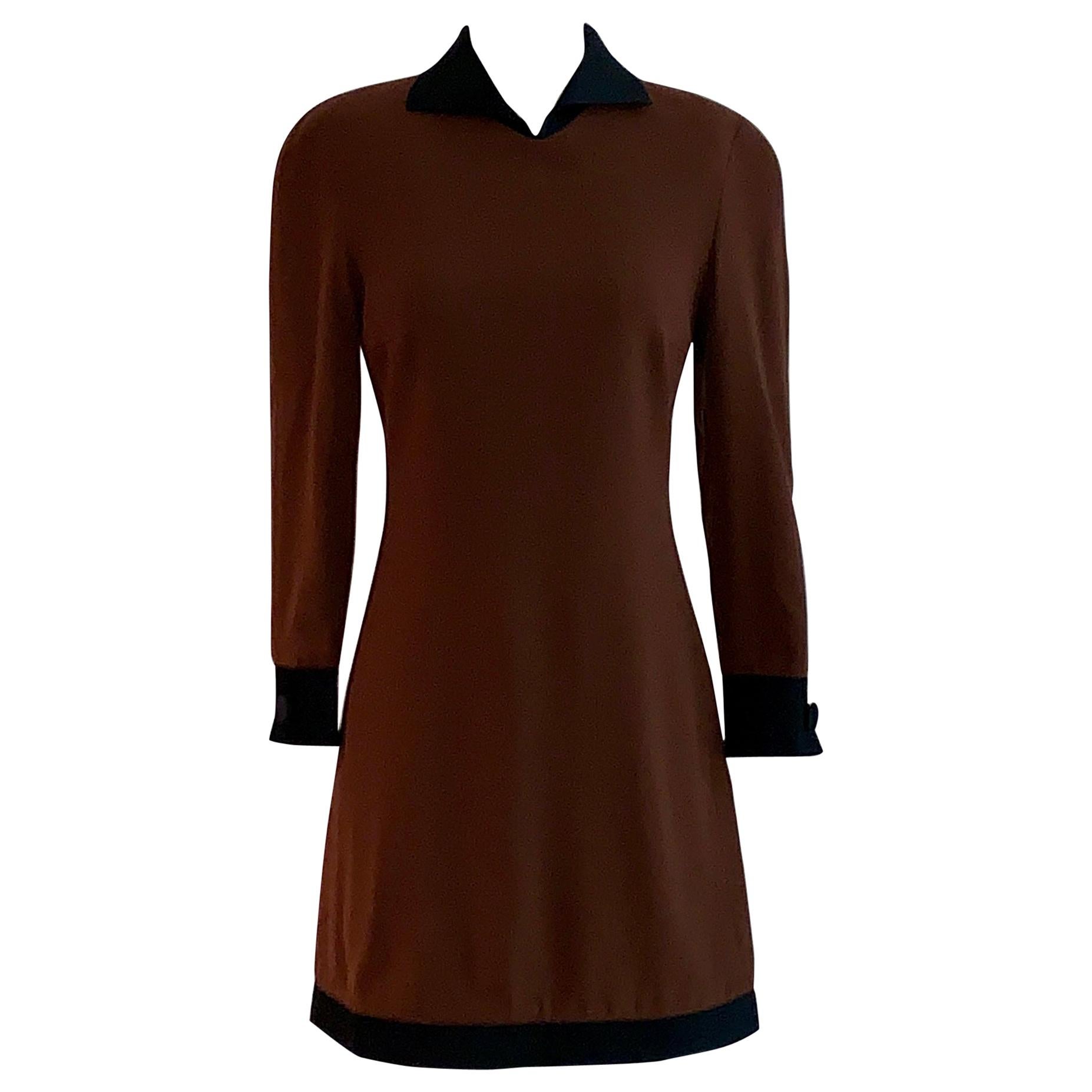 Vintage Genny Brown Wool Long Sleeve Mini Dress with Black Silk Quilted Trim