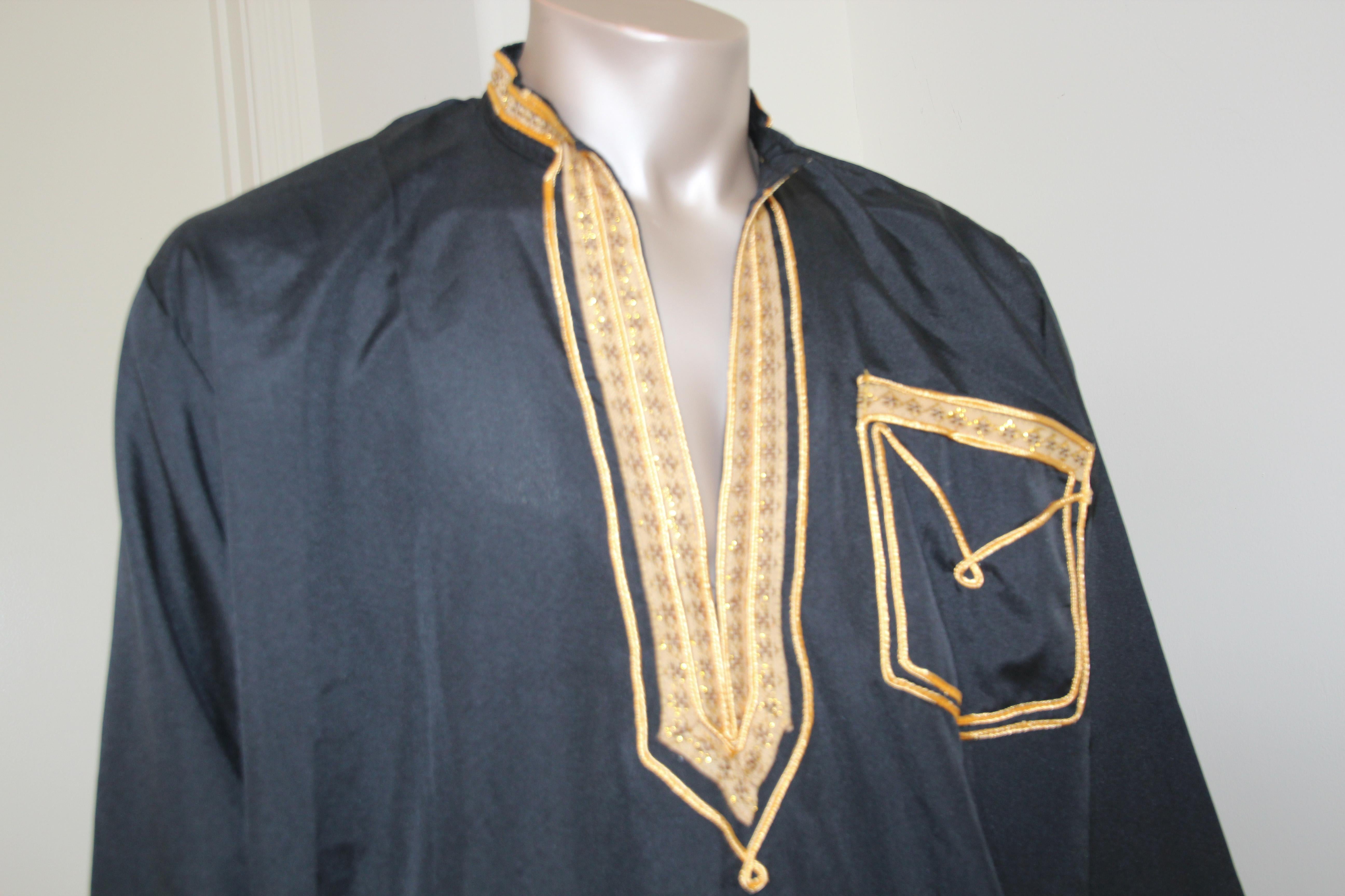 Fabric Vintage Gentleman Black Kaftan with Yellow Gold Trim, circa 1970