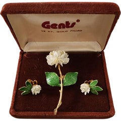 Vintage-Herrenbrosche aus 12-Karat-Gold-Filled mit Rosenmotiv und Emaille-Blatt-Ohrsteckern mit Hebelverschluss