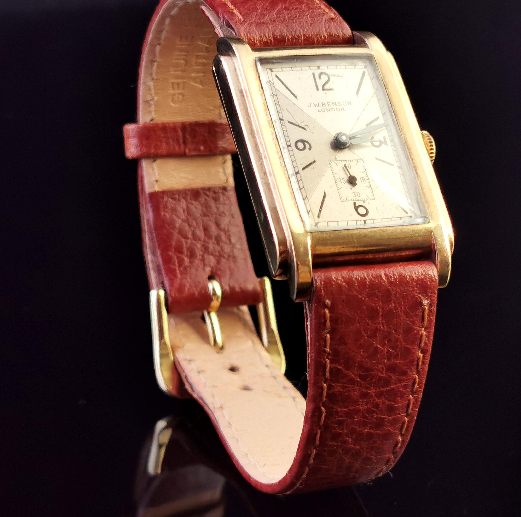 Art Deco Vintage Gents Yellow Gold Wristwatch, J W Benson 