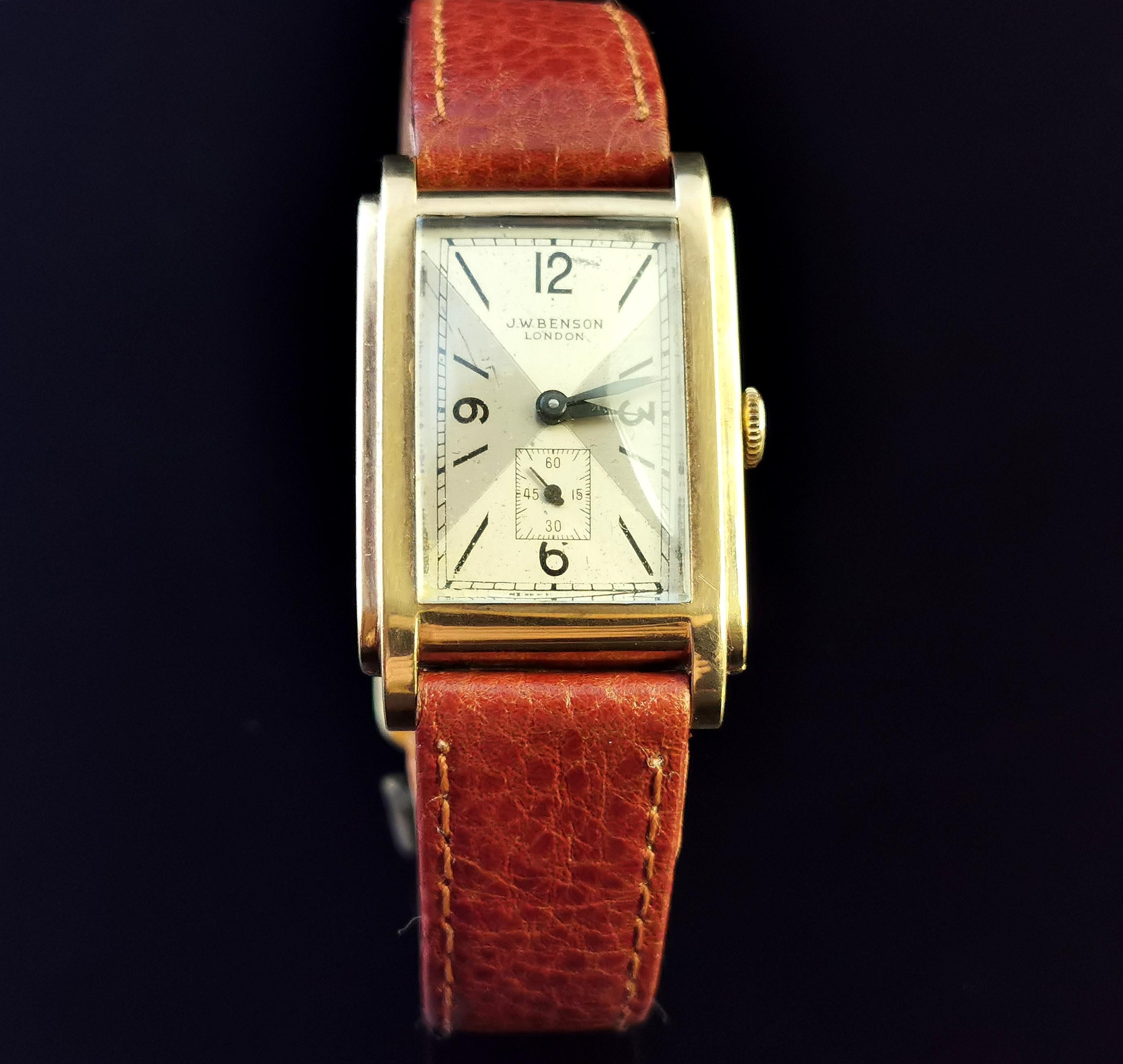 Vintage Gents Yellow Gold Wristwatch, J W Benson  In Fair Condition In NEWARK, GB