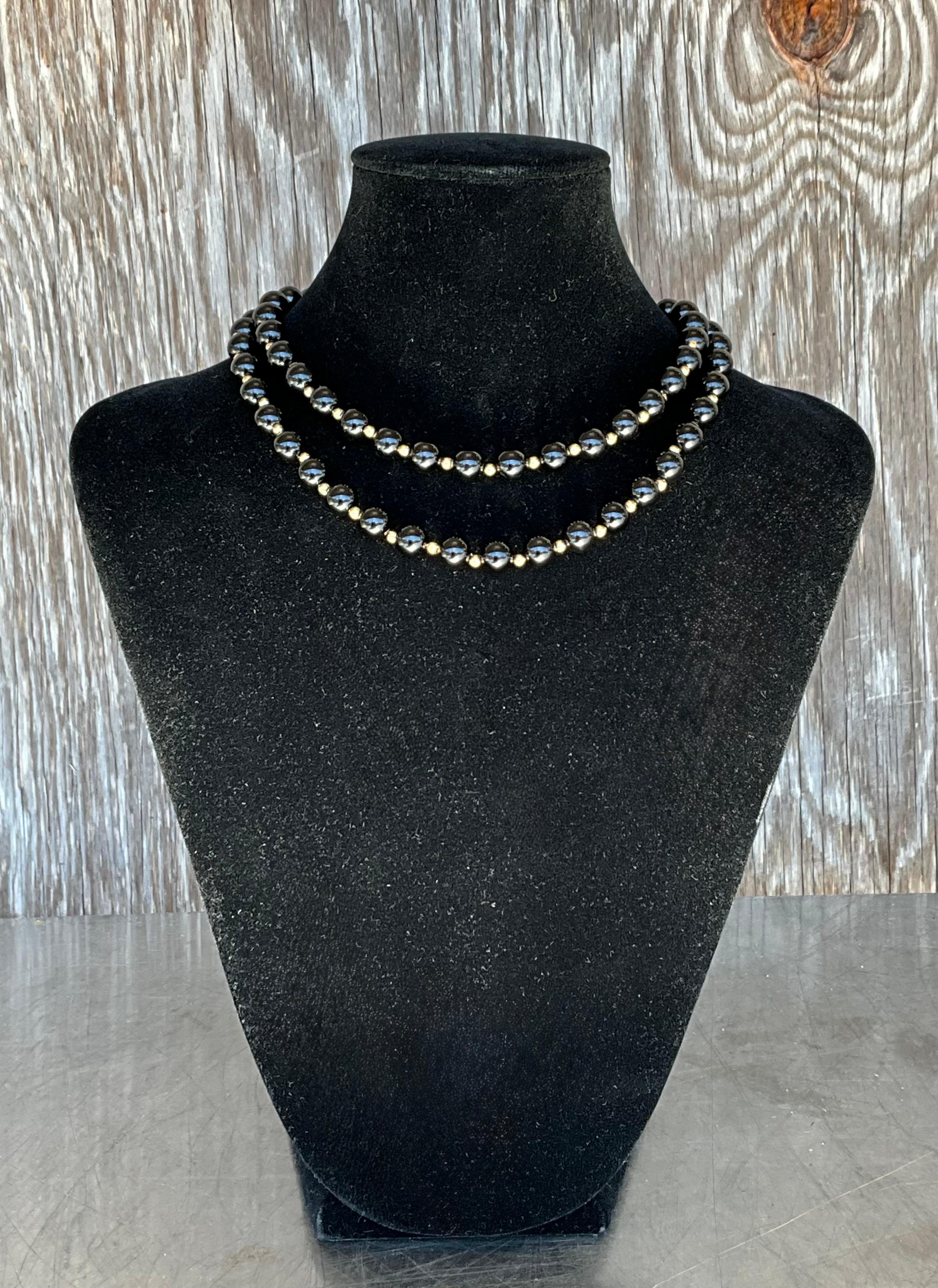 Bead Vintage Genuine Black Onyx Necklace with 14k Gold Embellishments