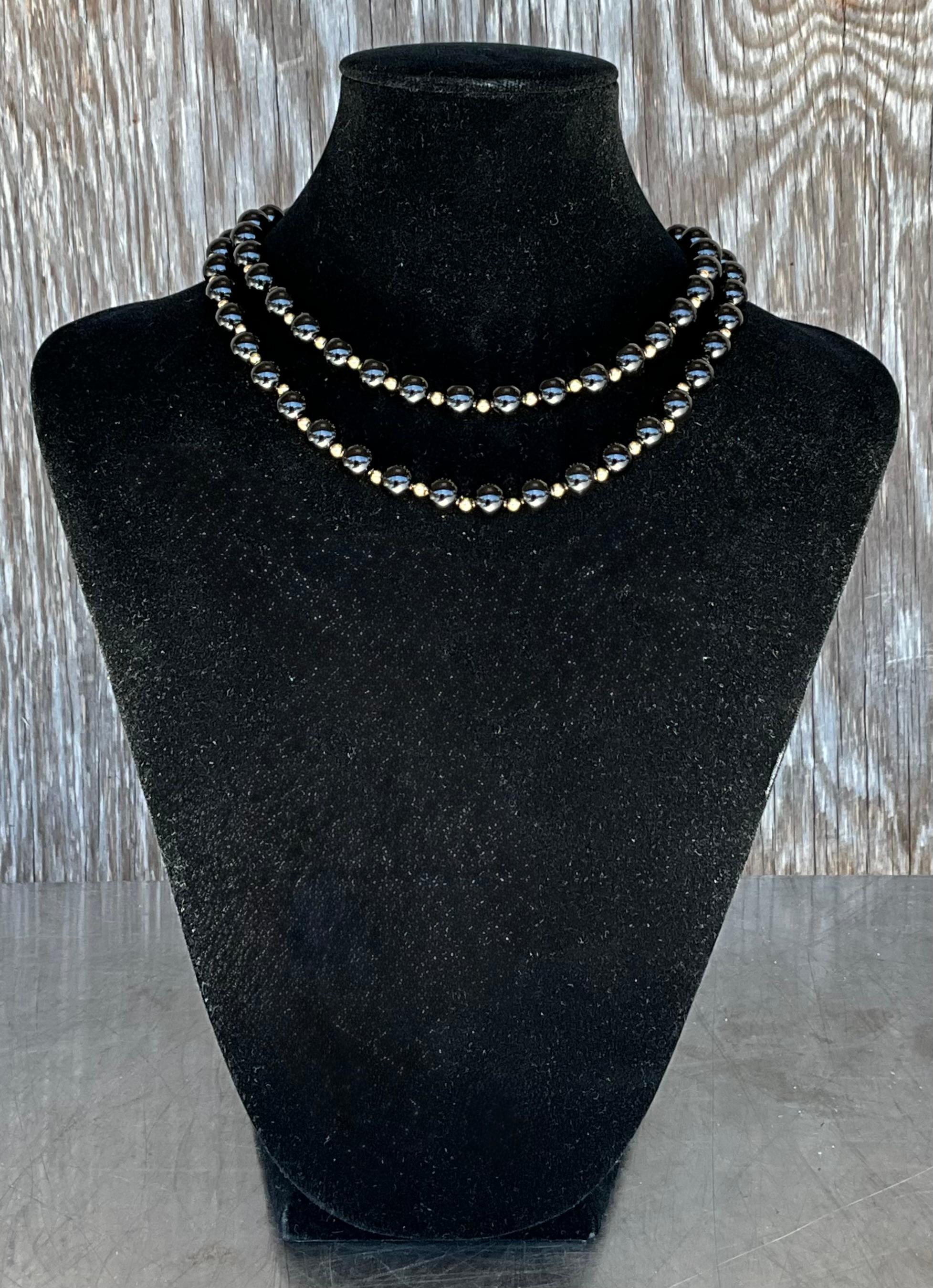 Vintage Genuine Black Onyx Necklace with 14k Gold Embellishments In Good Condition In Lake Worth Beach, FL