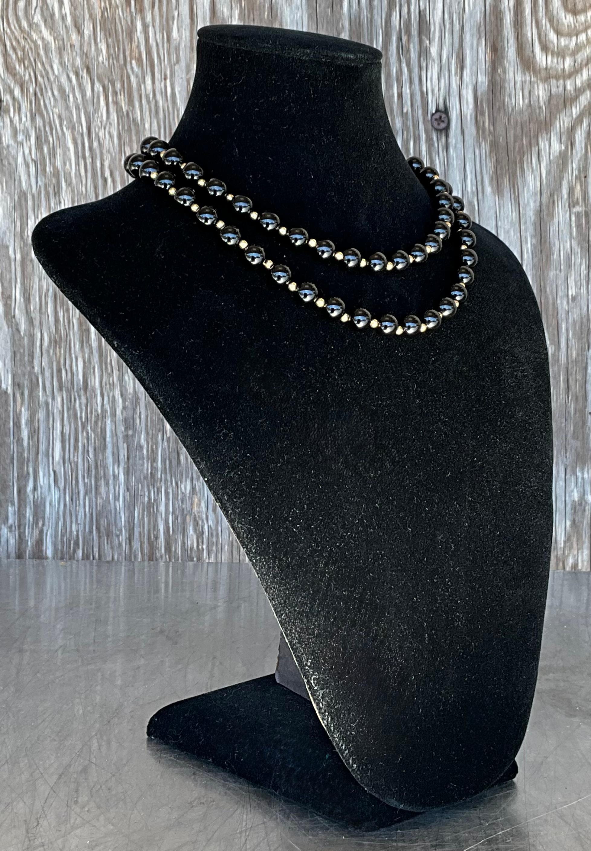 Women's or Men's Vintage Genuine Black Onyx Necklace with 14k Gold Embellishments