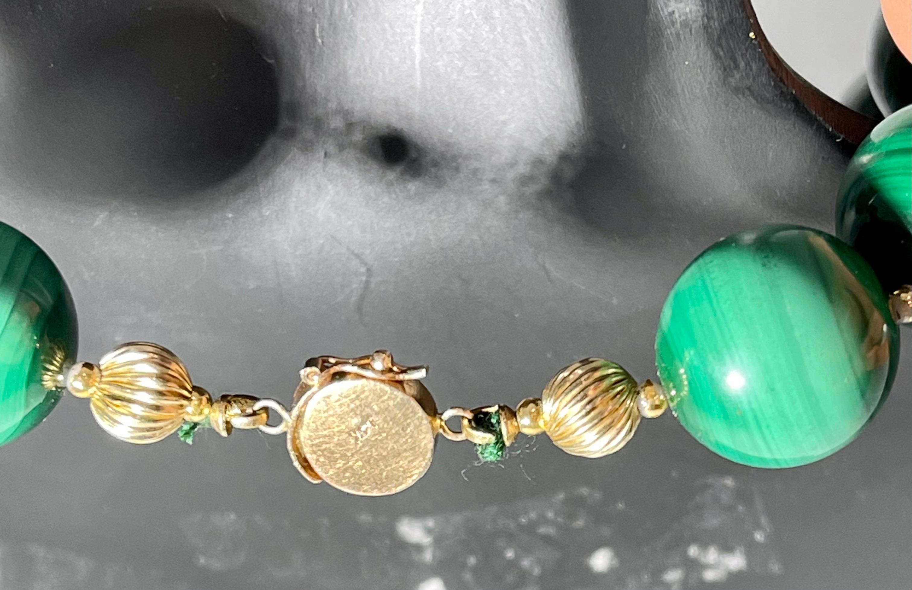 Vintage Echte Malachit Einzelstrang Halskette + 14 Karat Gelbgold Perle 4