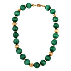 Vintage Echte Malachit Einzelstrang Halskette + 14 Karat Gelbgold Perle