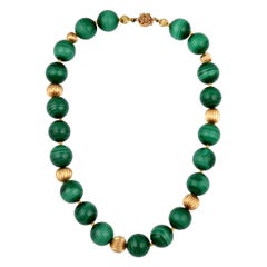 Vintage Genuine Malachite Single Strand Necklace + 14 Karat Yellow Gold Bead