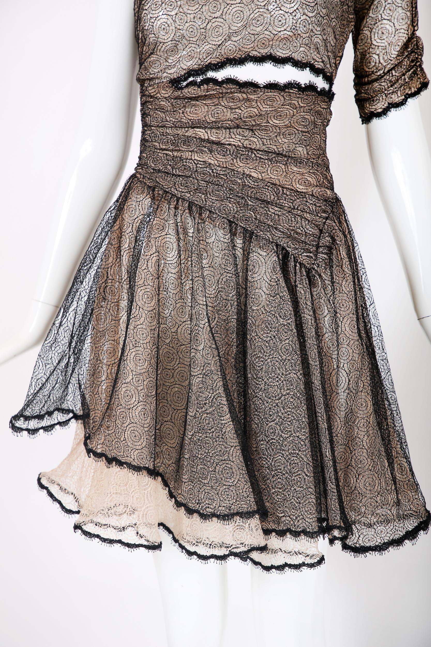 Gray Vintage Geoffery Beene Single Shoulder Lace Mini-Dress w/Cutout Detail at Waist