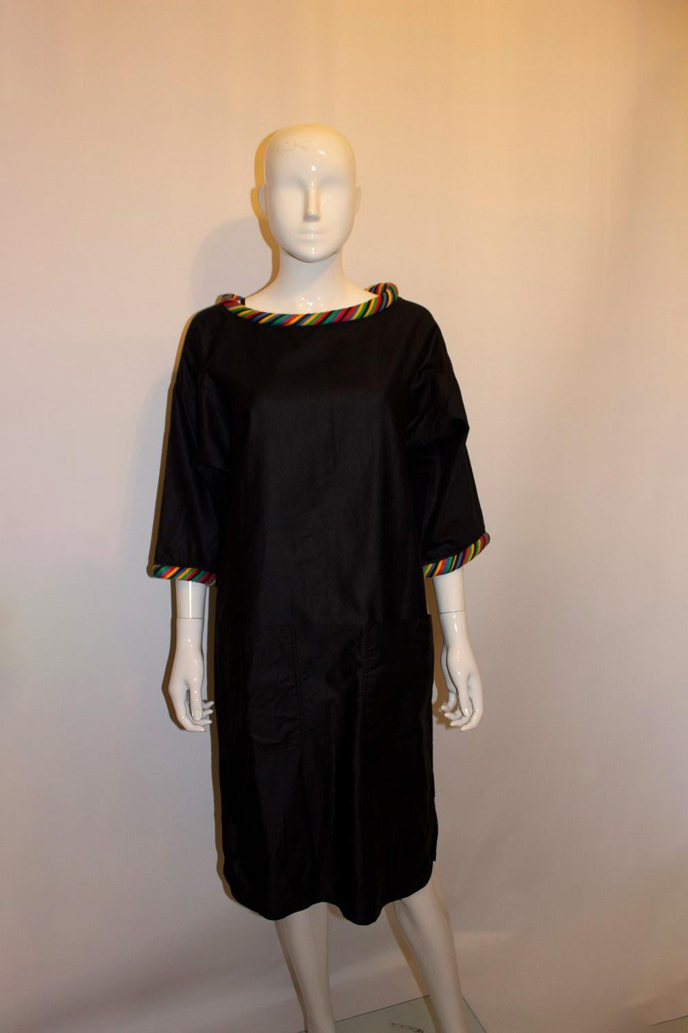 Black Vintage Geoffrey Beane Satinised Cotton Dress with Multicolour neck and Cuffs. For Sale