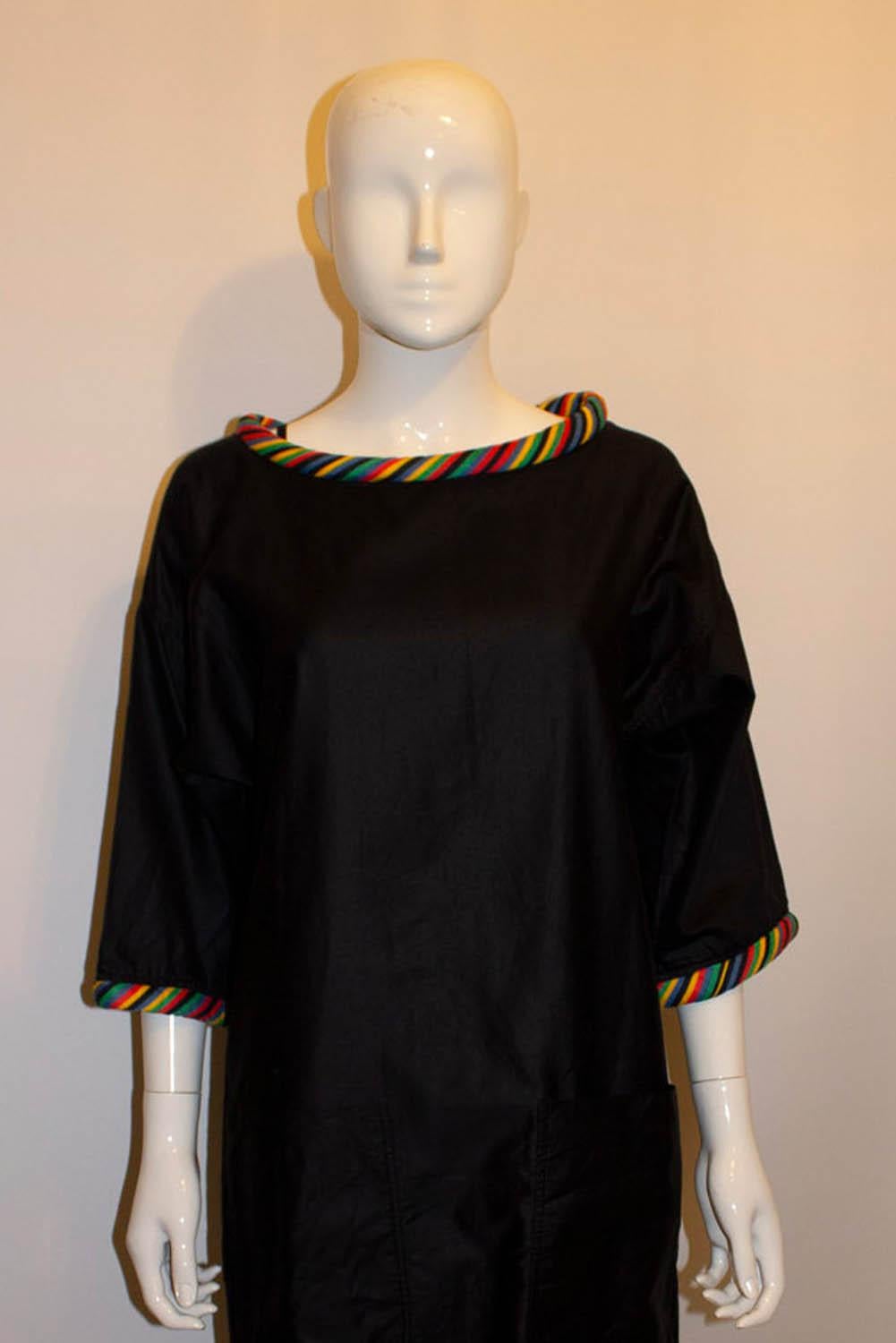 Vintage Geoffrey Beane Satinised Cotton Dress with Multicolour neck and Cuffs. For Sale 2