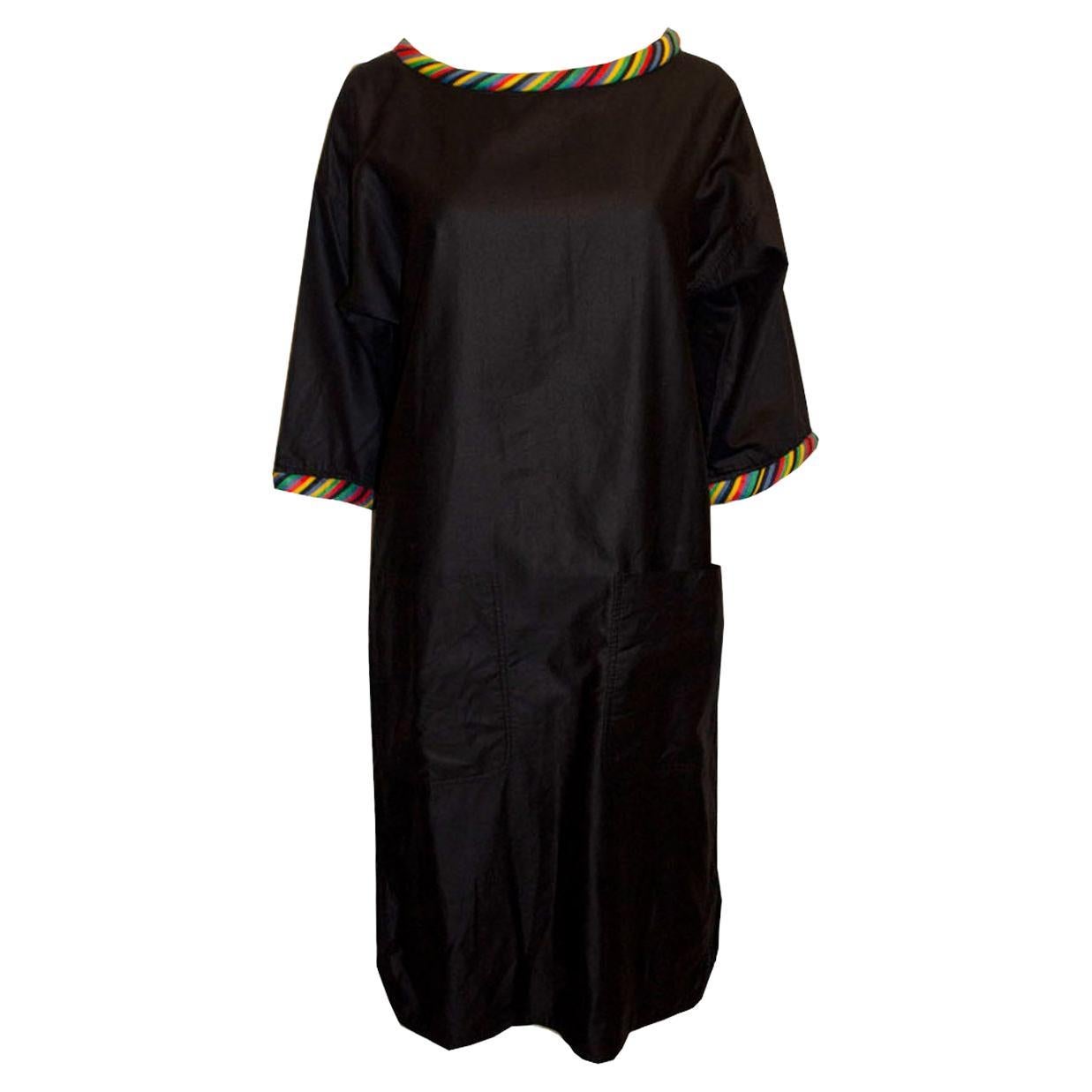Vintage Geoffrey Beane Satinised Cotton Dress with Multicolour neck and Cuffs. For Sale