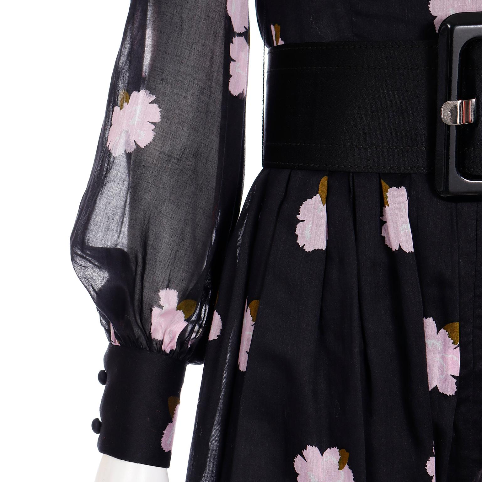 Vintage Geoffrey Beene 1970s Black Maxi Dress With Pink Flowers & Wide Belt For Sale 6
