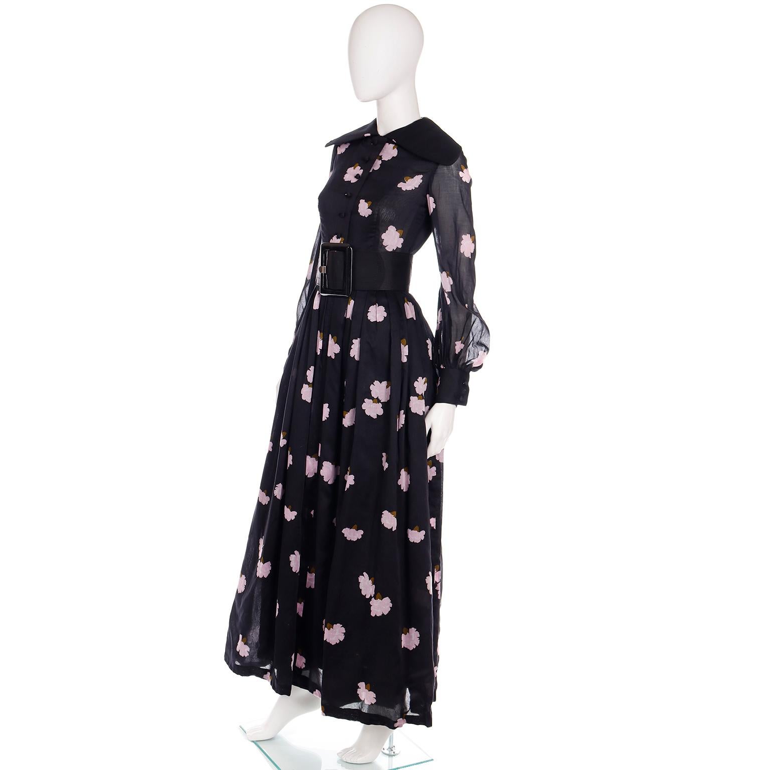 Vintage Geoffrey Beene 1970s Black Maxi Dress With Pink Flowers & Wide Belt In Excellent Condition For Sale In Portland, OR