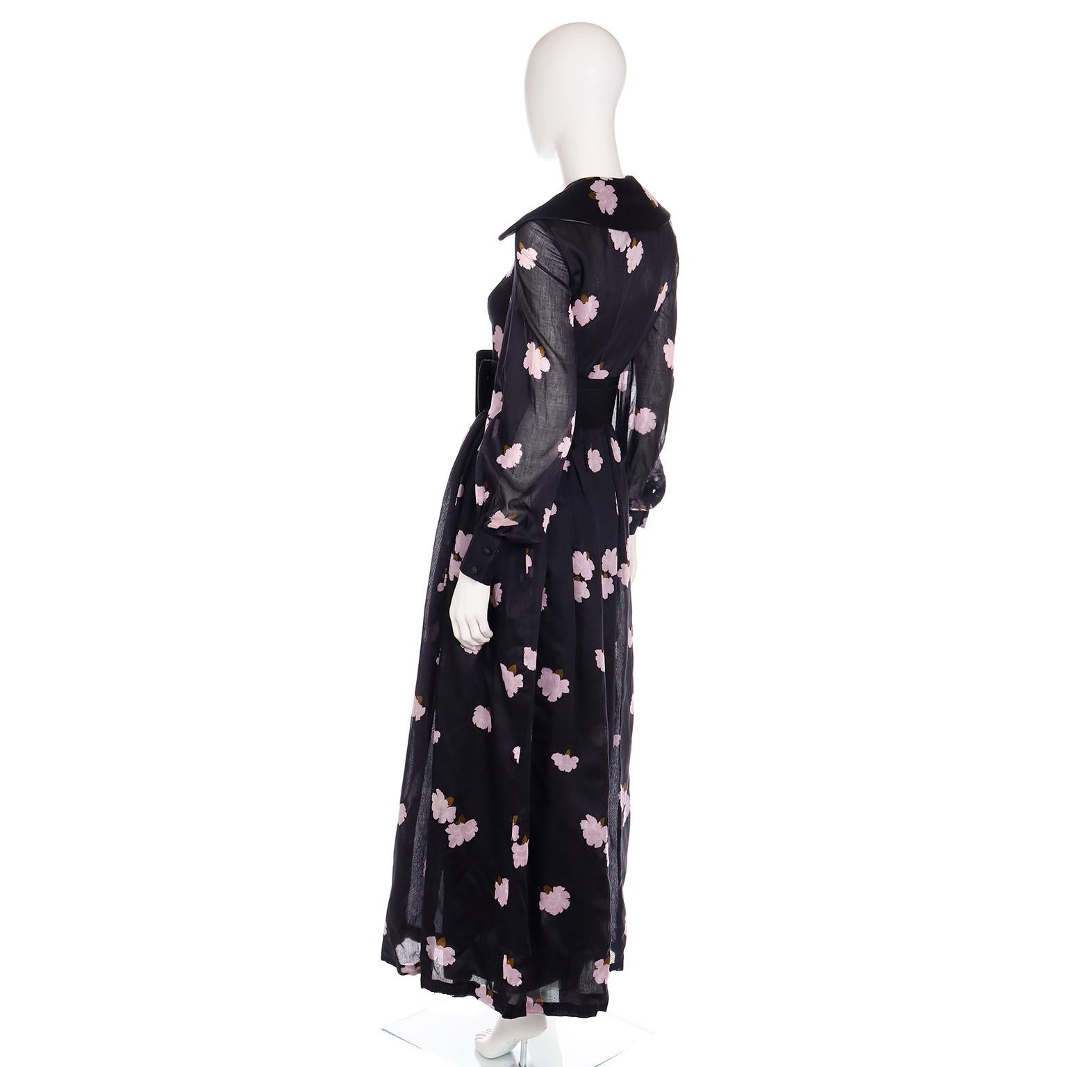 Women's Vintage Geoffrey Beene 1970s Black Maxi Dress With Pink Flowers & Wide Belt For Sale