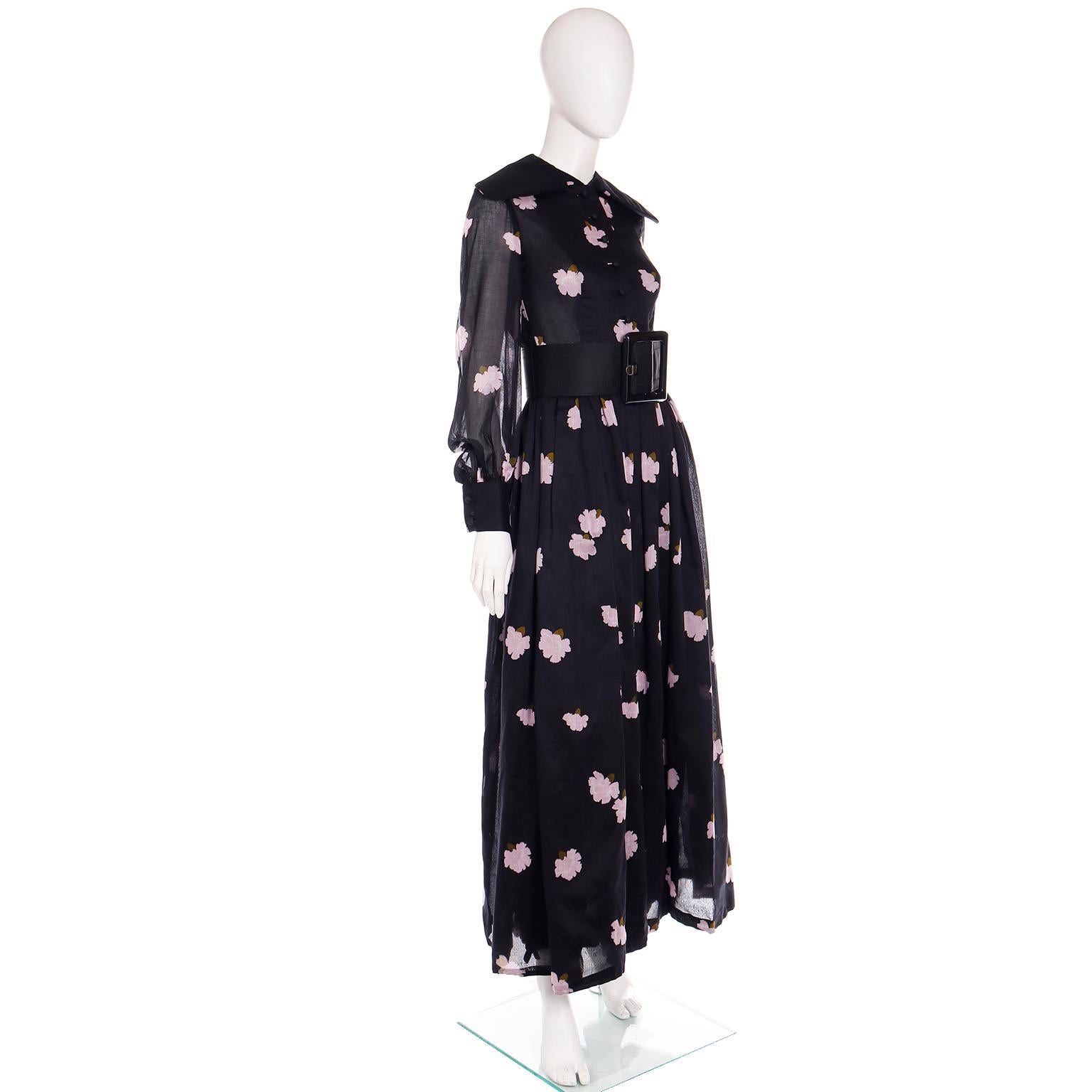 Vintage Geoffrey Beene 1970s Black Maxi Dress With Pink Flowers & Wide Belt For Sale 3