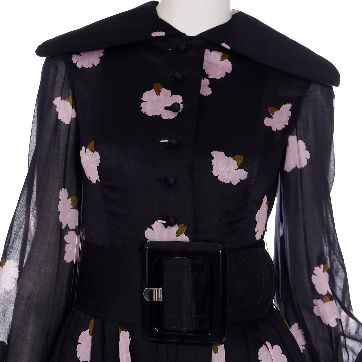 Vintage Geoffrey Beene 1970s Black Maxi Dress With Pink Flowers & Wide Belt For Sale 5