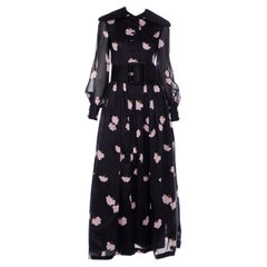 Vintage Geoffrey Beene 1960s Black Maxi Dress With Pink Flowers & Wide Belt