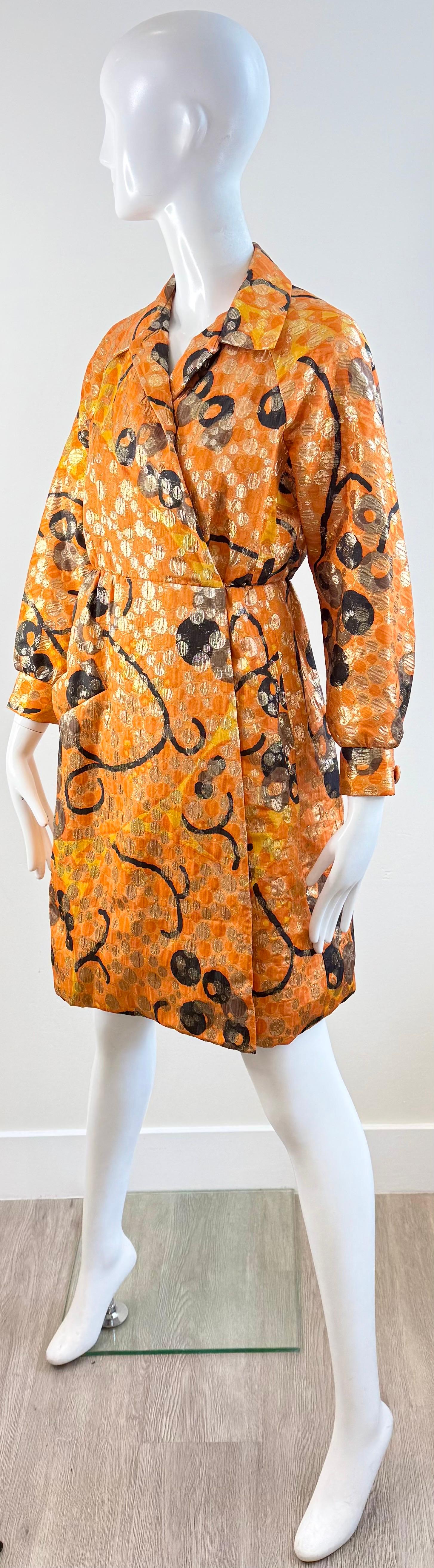 Vintage Geoffrey Beene 1960s Orange Metallic Brocade Wrap 60s Coat Dress Jacket For Sale 6