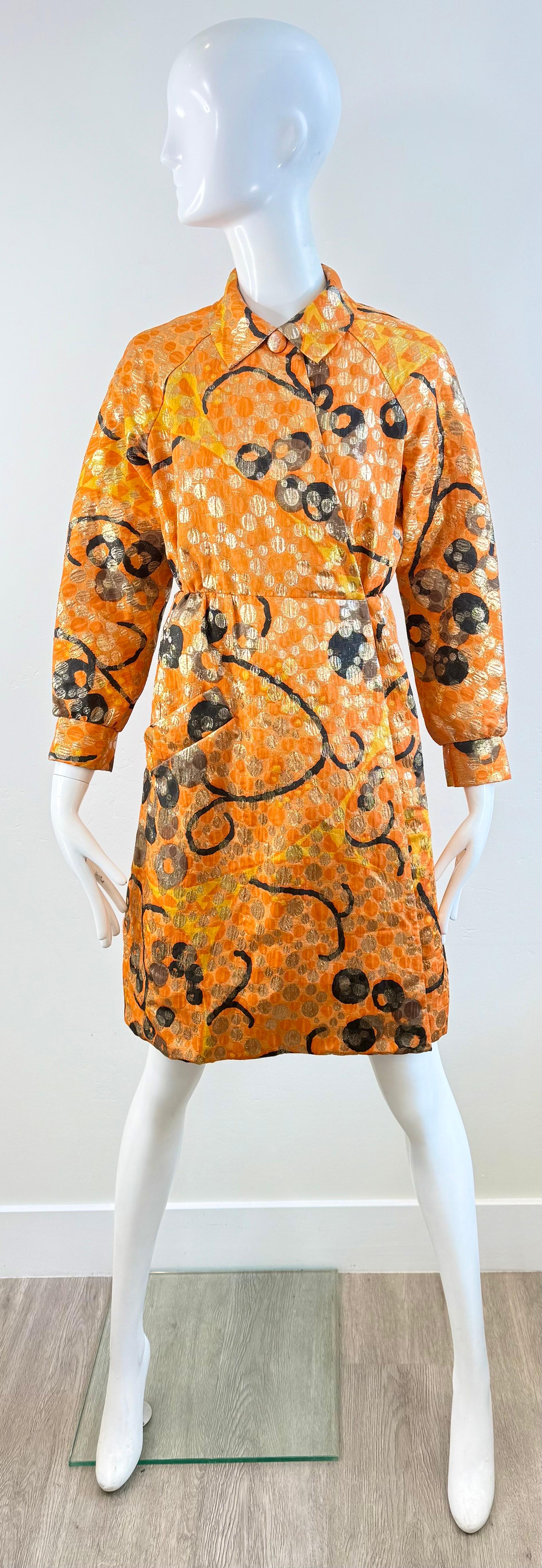 Vintage Geoffrey Beene 1960s Orange Metallic Brocade Wrap 60s Coat Dress Jacket For Sale 7