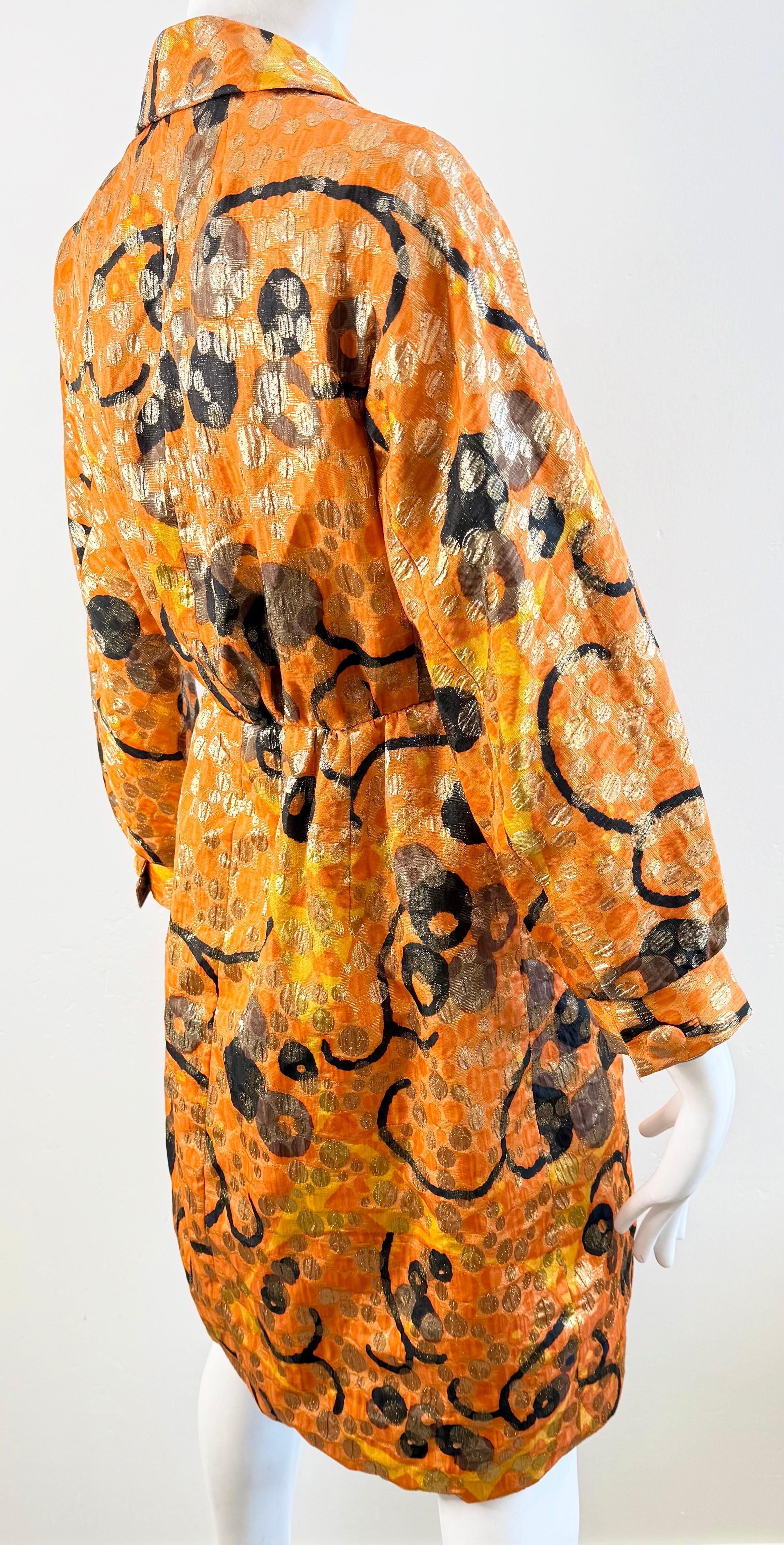 Vintage Geoffrey Beene 1960s Orange Metallic Brocade Wrap 60s Coat Dress Jacket For Sale 9