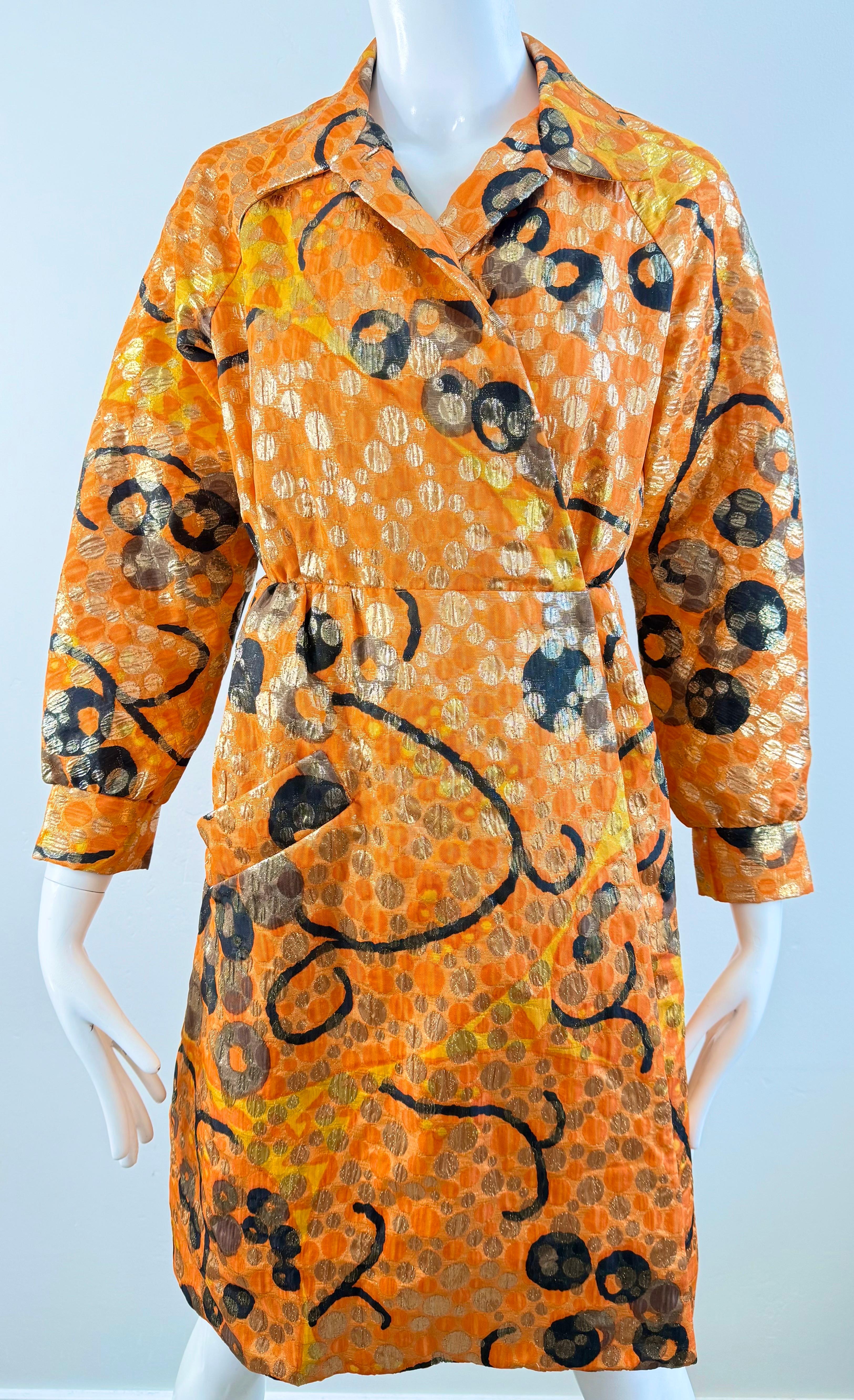 Vintage Geoffrey Beene 1960s Orange Metallic Brocade Wrap 60s Coat Dress Jacket For Sale 10