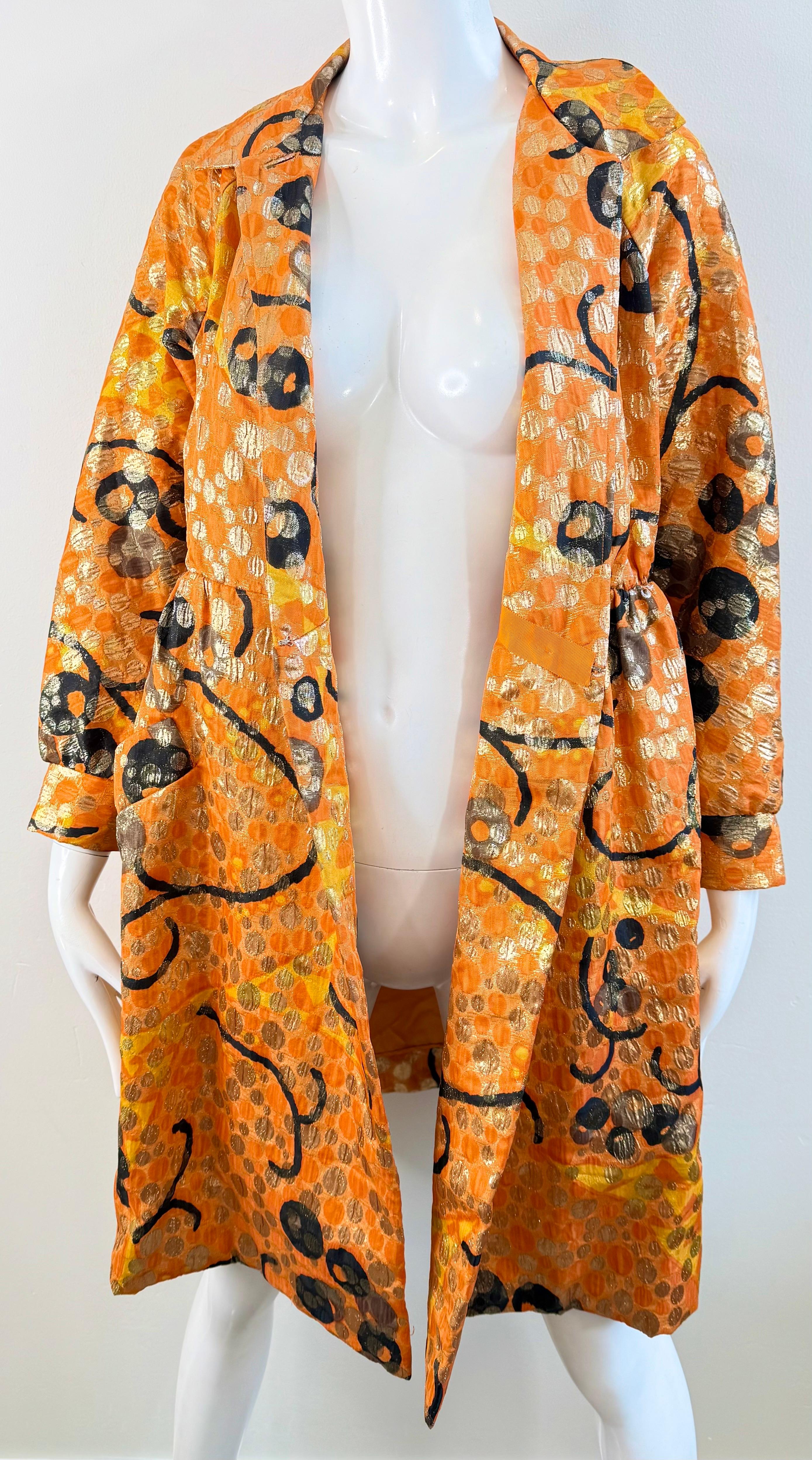 Vintage Geoffrey Beene 1960s Orange Metallic Brocade Wrap 60s Coat Dress Jacket For Sale 11