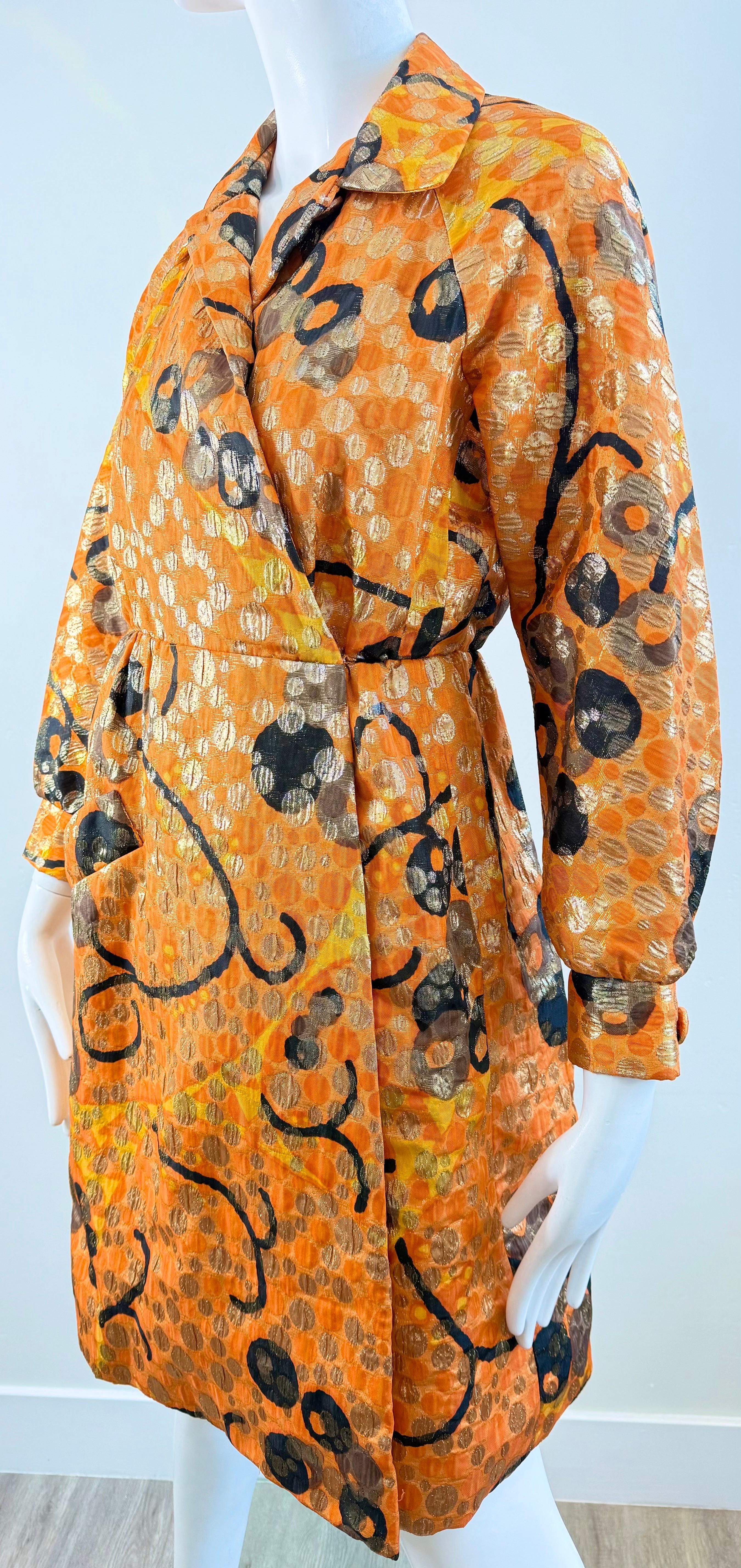 Vintage Geoffrey Beene 1960s Orange Metallic Brocade Wrap 60s Coat Dress Jacket For Sale 12