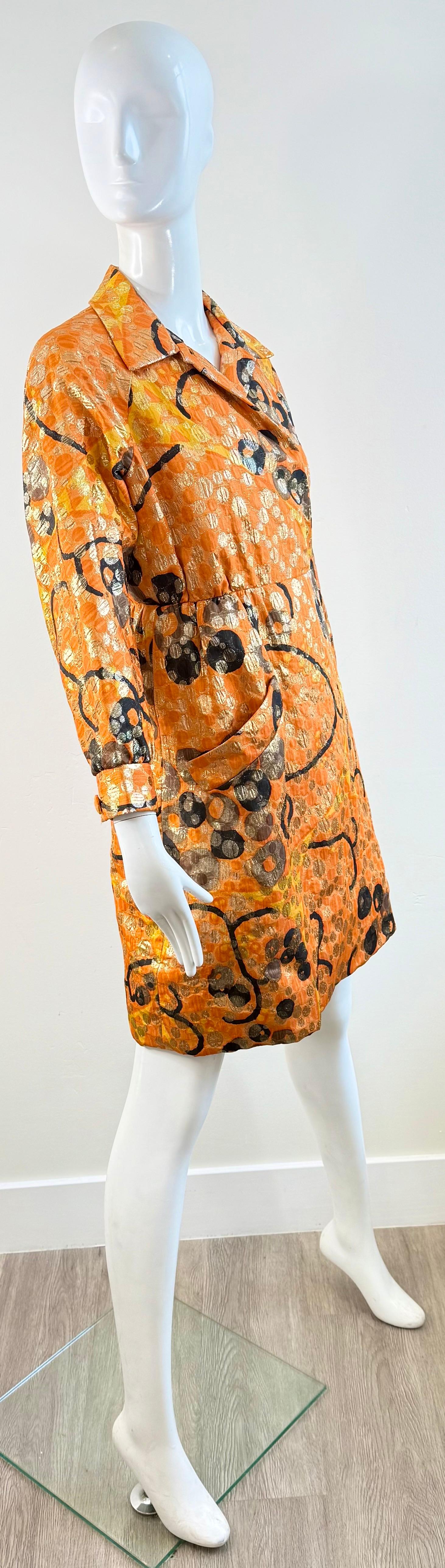 Vintage Geoffrey Beene 1960s Orange Metallic Brocade Wrap 60s Coat Dress Jacket For Sale 13