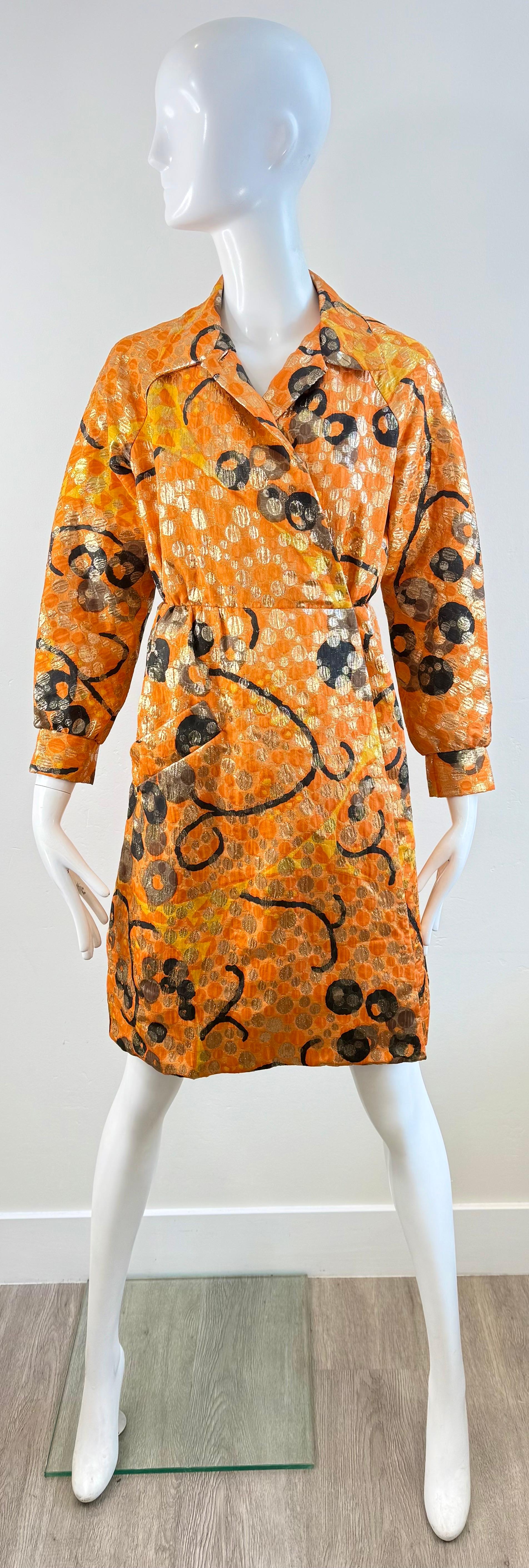 Vintage Geoffrey Beene 1960s Orange Metallic Brocade Wrap 60s Coat Dress Jacket For Sale 14