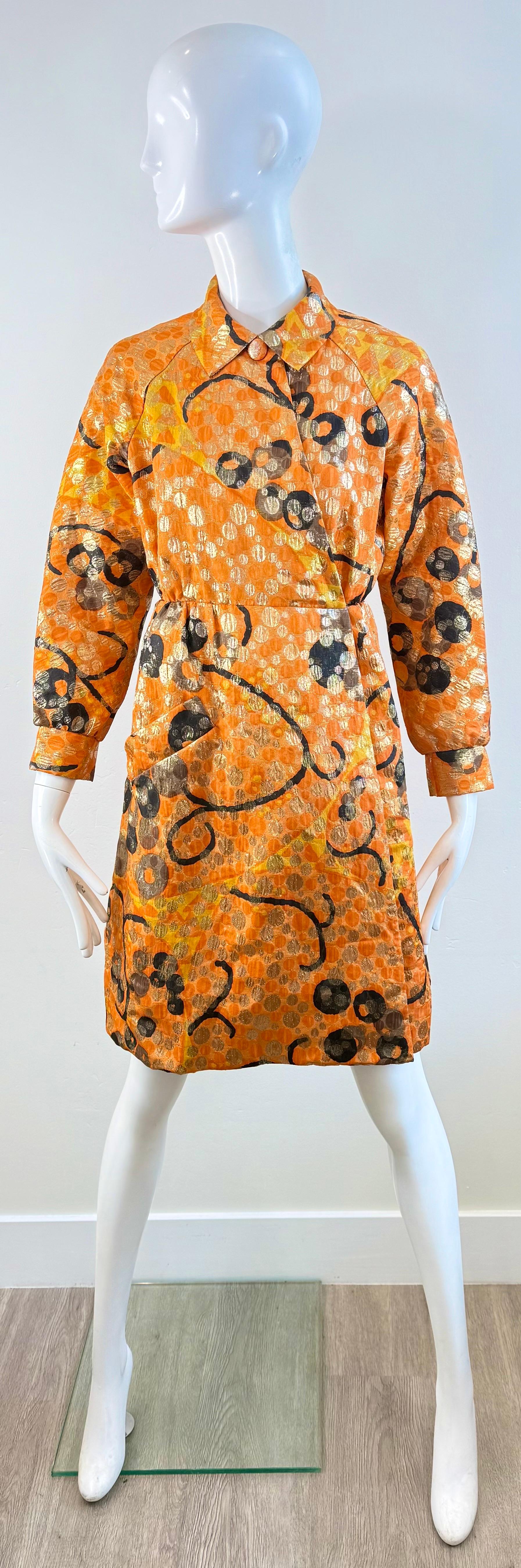 Vintage Geoffrey Beene 1960s Orange Metallic Brocade Wrap 60s Coat Dress Jacket In Excellent Condition For Sale In San Diego, CA