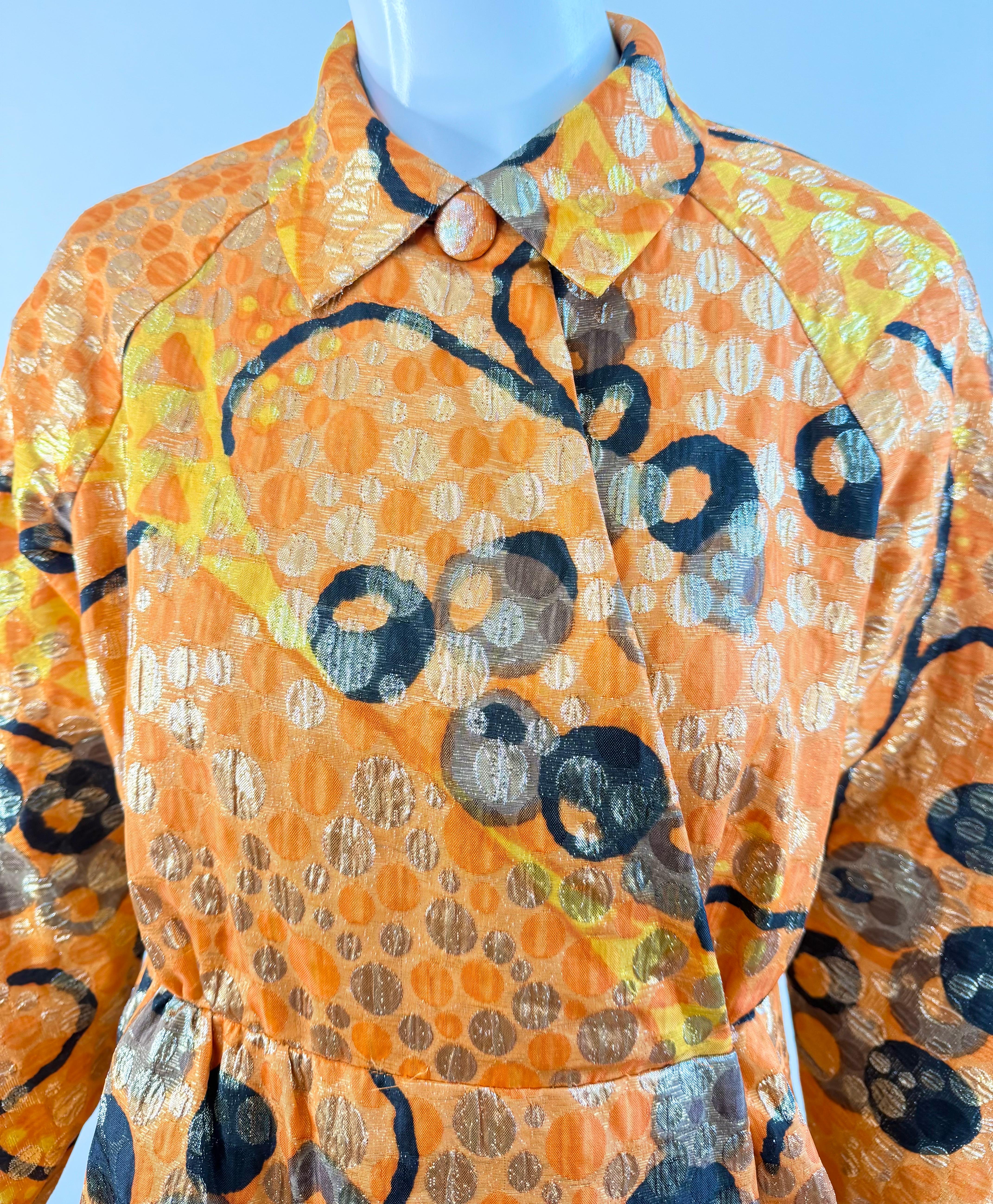 Vintage Geoffrey Beene 1960s Orange Metallic Brocade Wrap 60s Coat Dress Jacket For Sale 1