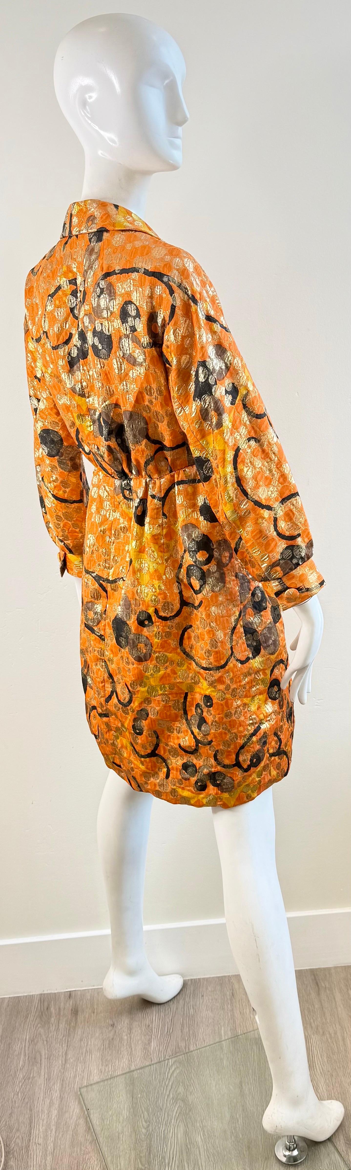 Vintage Geoffrey Beene 1960s Orange Metallic Brocade Wrap 60s Coat Dress Jacket For Sale 2