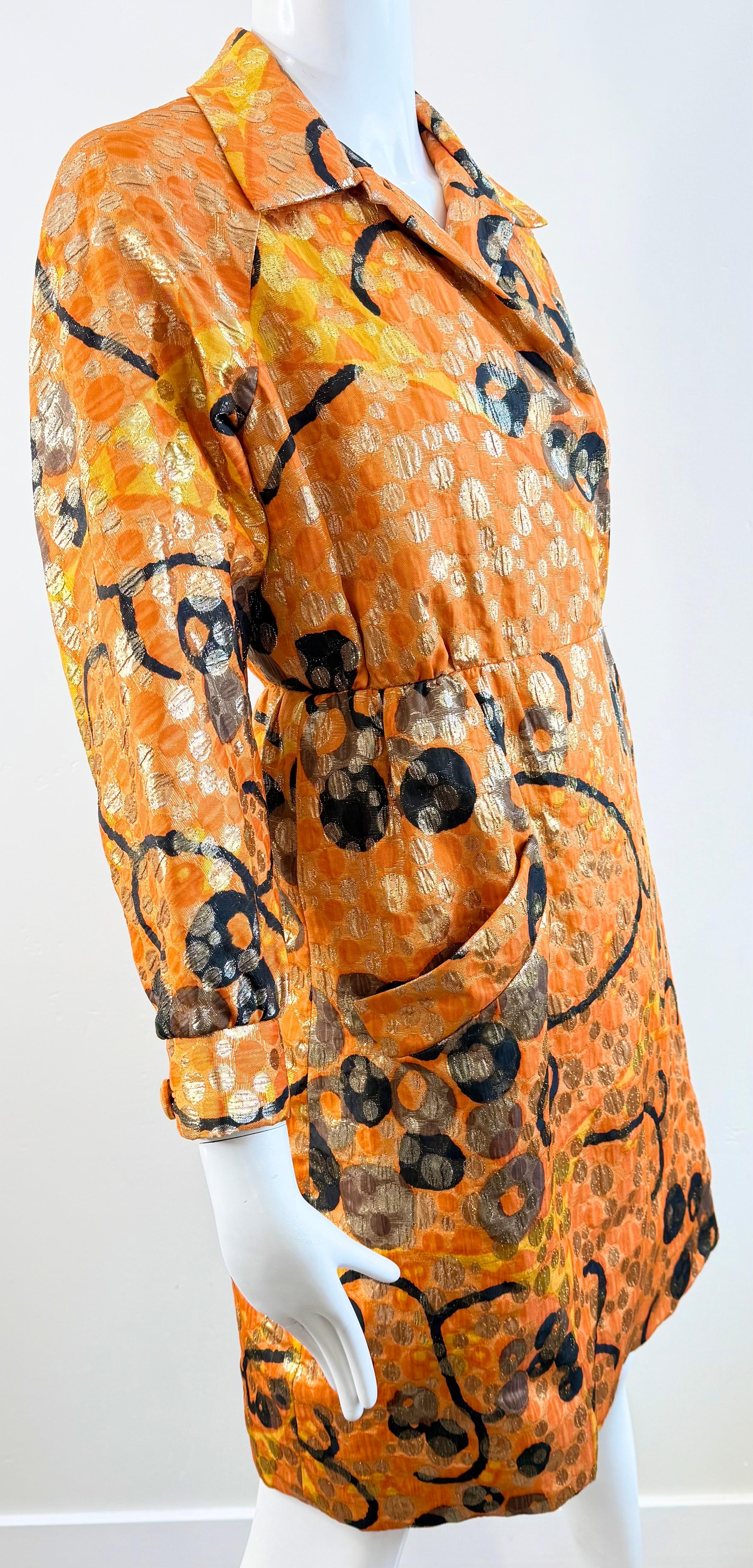 Vintage Geoffrey Beene 1960s Orange Metallic Brocade Wrap 60s Coat Dress Jacket For Sale 3