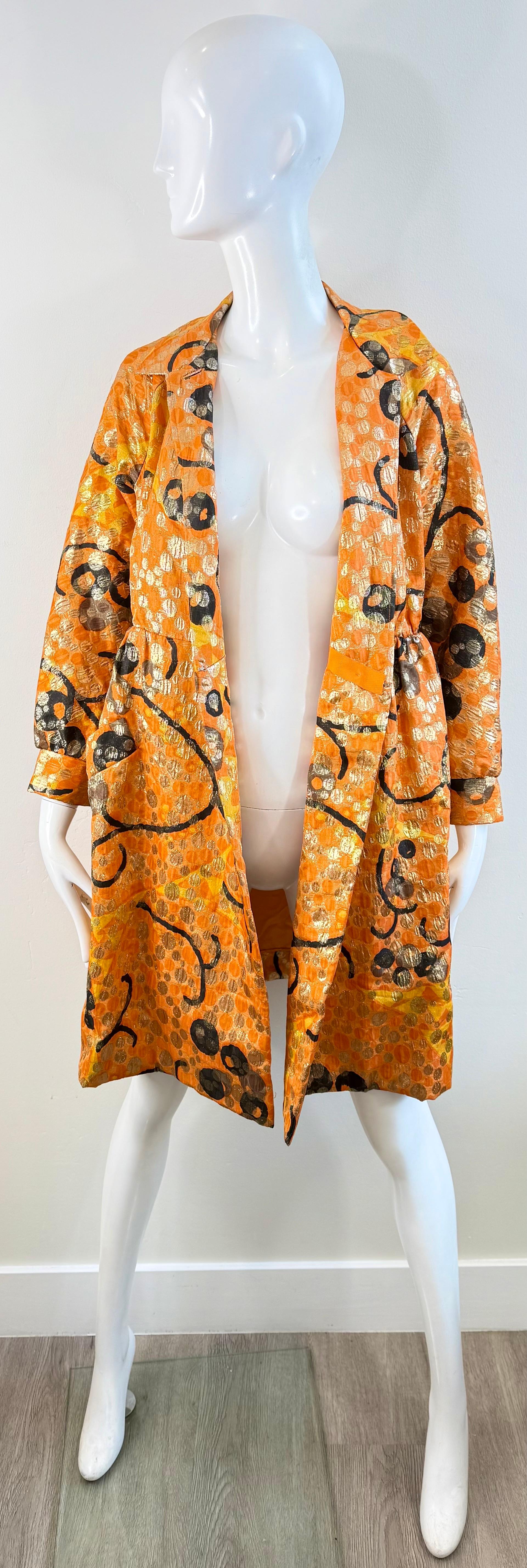 Vintage Geoffrey Beene 1960s Orange Metallic Brocade Wrap 60s Coat Dress Jacket For Sale 4
