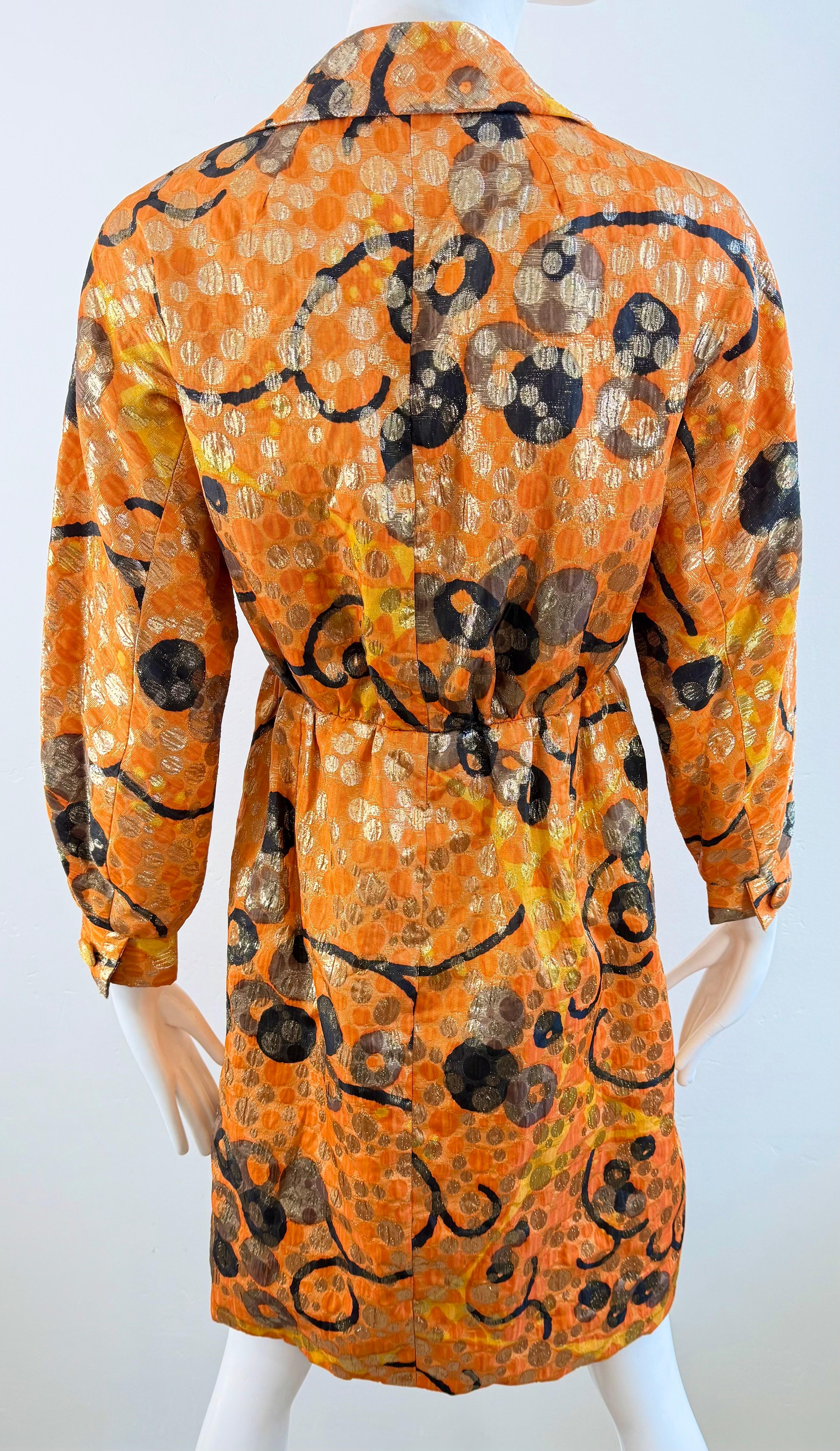 Vintage Geoffrey Beene 1960s Orange Metallic Brocade Wrap 60s Coat Dress Jacket For Sale 5