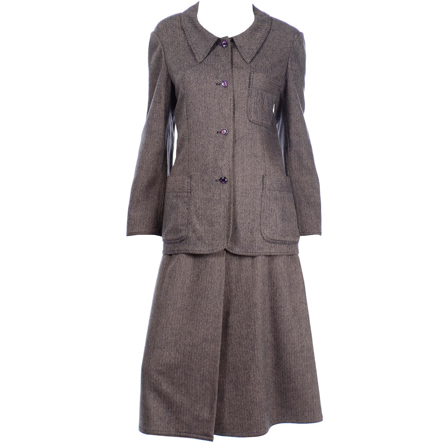 Vintage Geoffrey Beene Brown & Navy Blue Chevron Wool Jacket & Skirt Suit For Sale 6