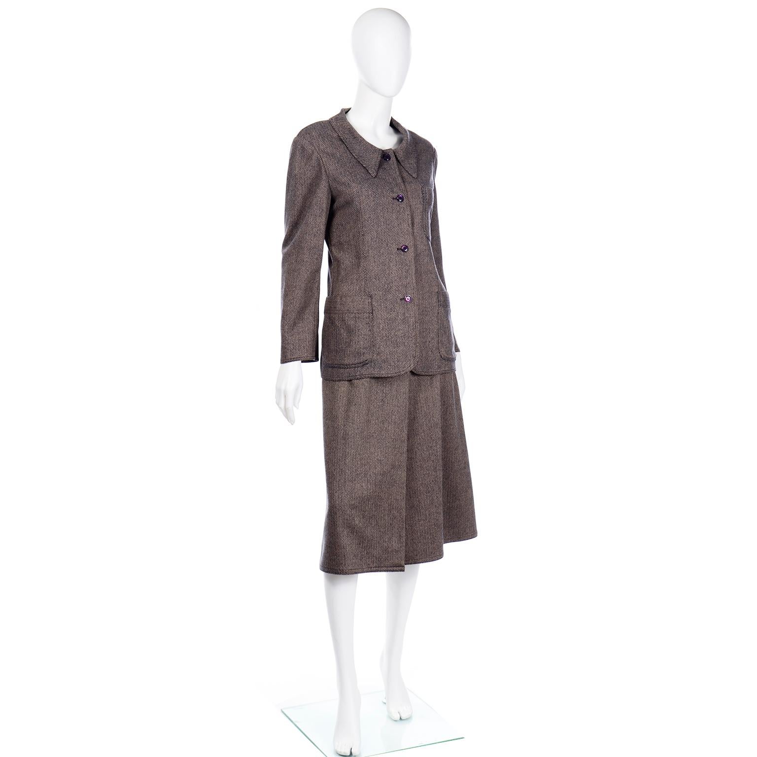 Women's Vintage Geoffrey Beene Brown & Navy Blue Chevron Wool Jacket & Skirt Suit For Sale