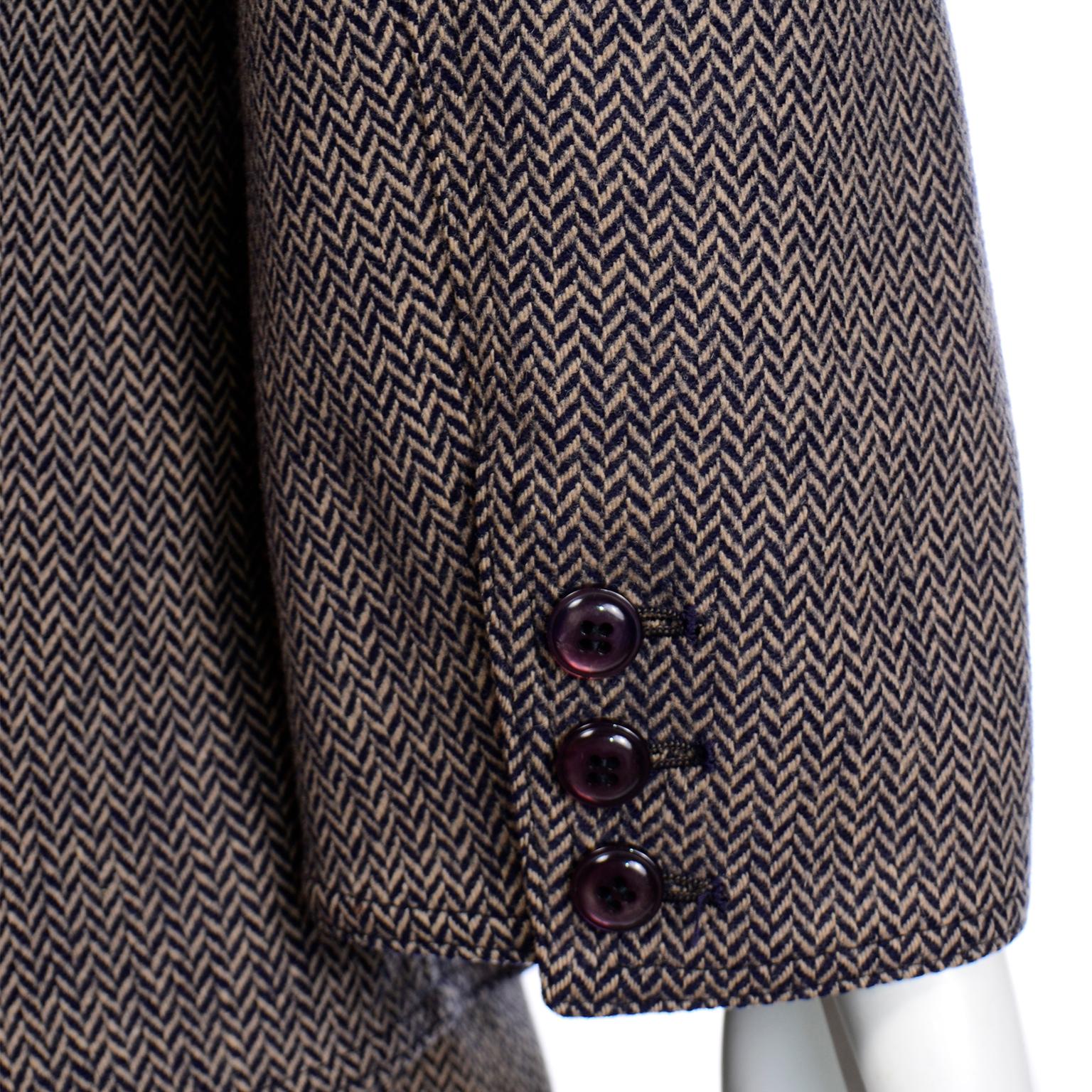 Vintage Geoffrey Beene Brown & Navy Blue Chevron Wool Jacket & Skirt Suit For Sale 1