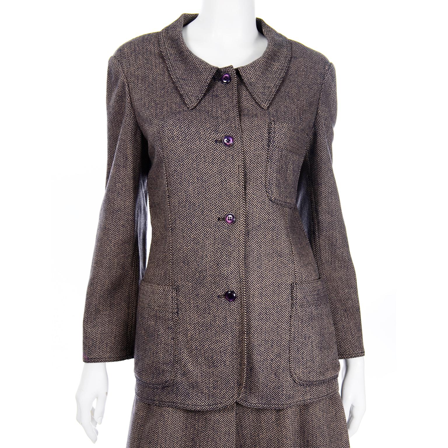 Vintage Geoffrey Beene Brown & Navy Blue Chevron Wool Jacket & Skirt Suit For Sale 3