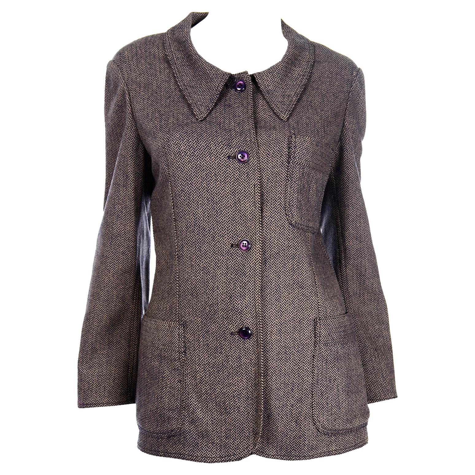 Vintage Geoffrey Beene Brown & Navy Blue Chevron Wool Jacket & Skirt Suit For Sale